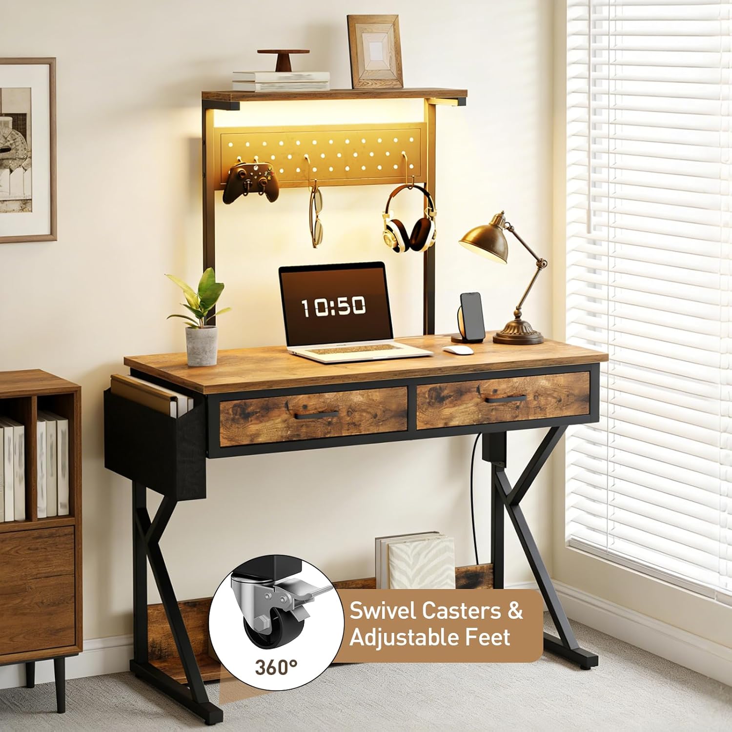 Mobile Gaming Computer Desk with LED Lights & Charging Station, 39.4" Rolling Office Desk with Removable Hutch & Wheels, Portable Desk with Drawers & Storage Shelves for Home Office, Rustic Brown