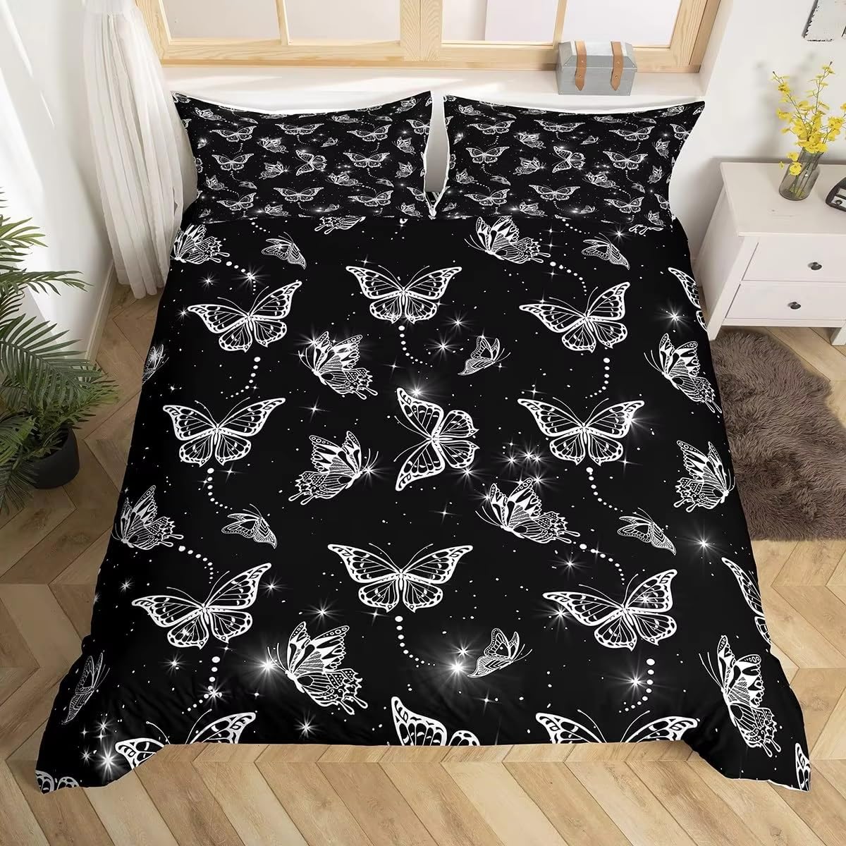 Housse de couette 2 personnes papillon noir pour lit adulte