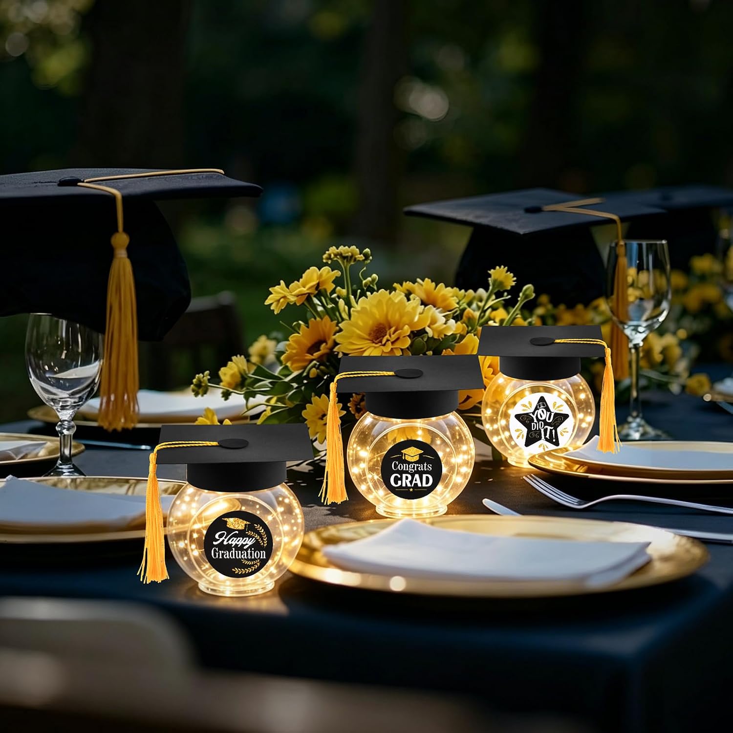 24 PCS 2026 Graduation Table Decorations with LED Light, Grad Jars Centerpieces & Stickers, Class of 2026 Party Favors Supplies Gifts for High School College (Black)