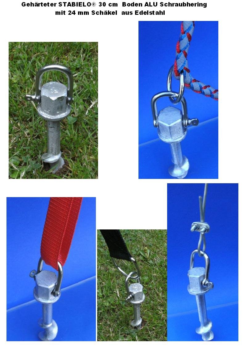 4 x MARKISENHALTER ALU HERINGE mit Large Holly 28 mm Ø EDELSTAHLSCHÄKEL ÜBERKOPF + NUSSAPDAPTER - Bodenbefestigung - im Beutel