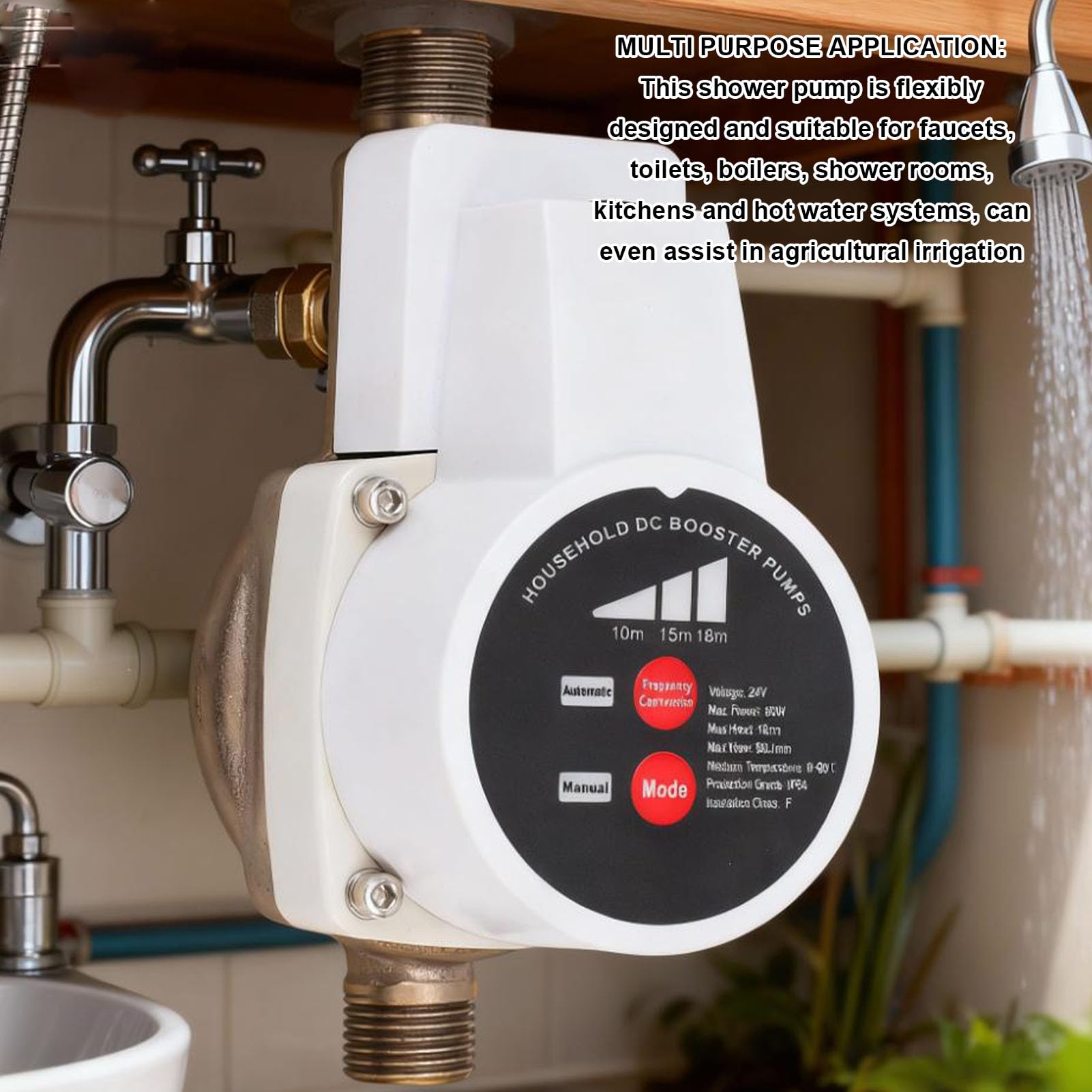 Cocoarm Intelligente Dusch-Booster-Pumpe, Gusseisen-Edelstahl-Wasserdruck-Booster-Pumpe, 80 W, 475,5 GPH, 3 Gänge, Automatische Erkennung, für Badezimmer, Küche, Dusche, Warmwasser-Bewässerung