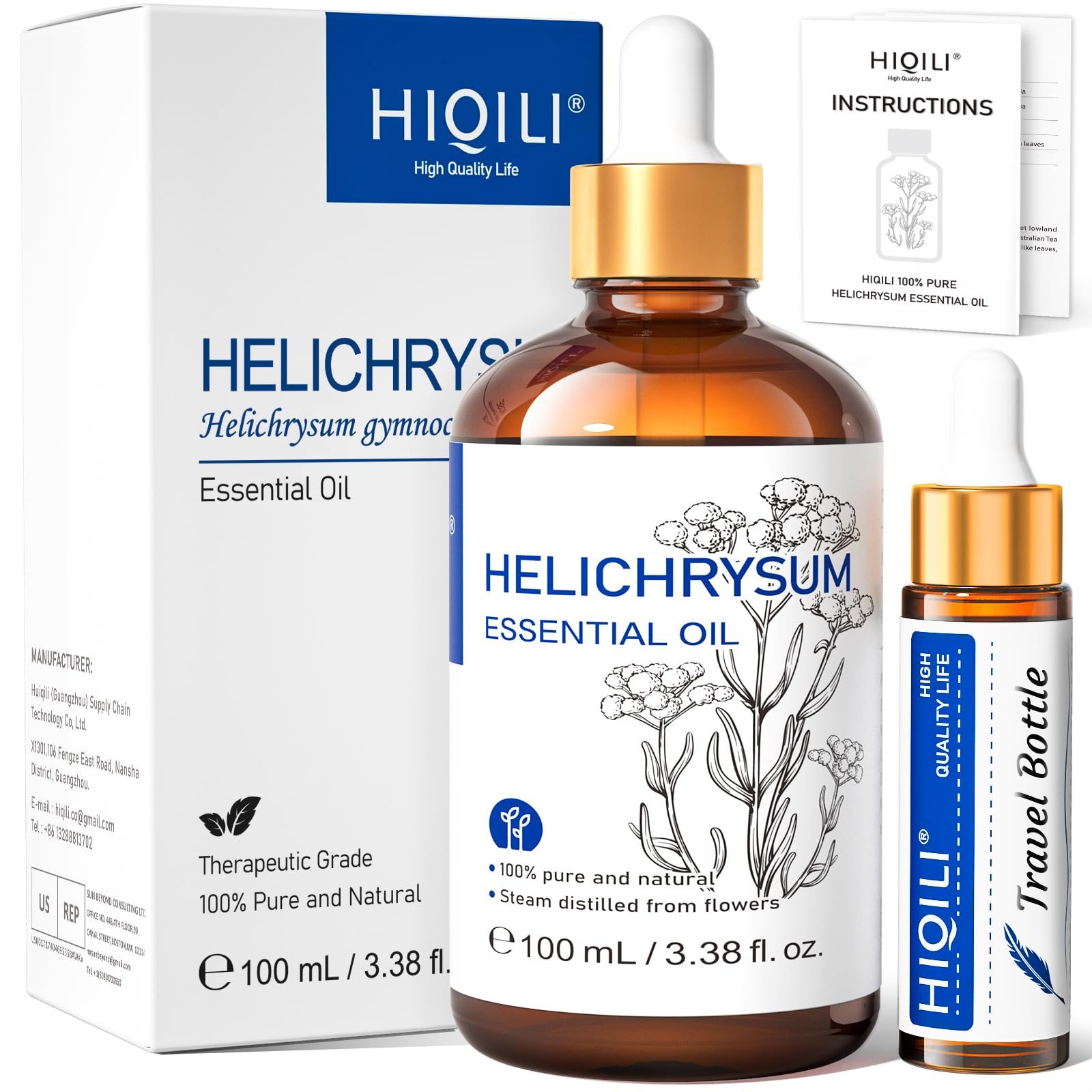 HIQILI Helichrysum Essential Oil for Skin Nourish, Undiluted & Natural, Relieve Fatigue in Body Massage, Reduce Fine Line and Wrinkle, Aromatherapy Diffuser, DIY Floral Scented Gift -100ML