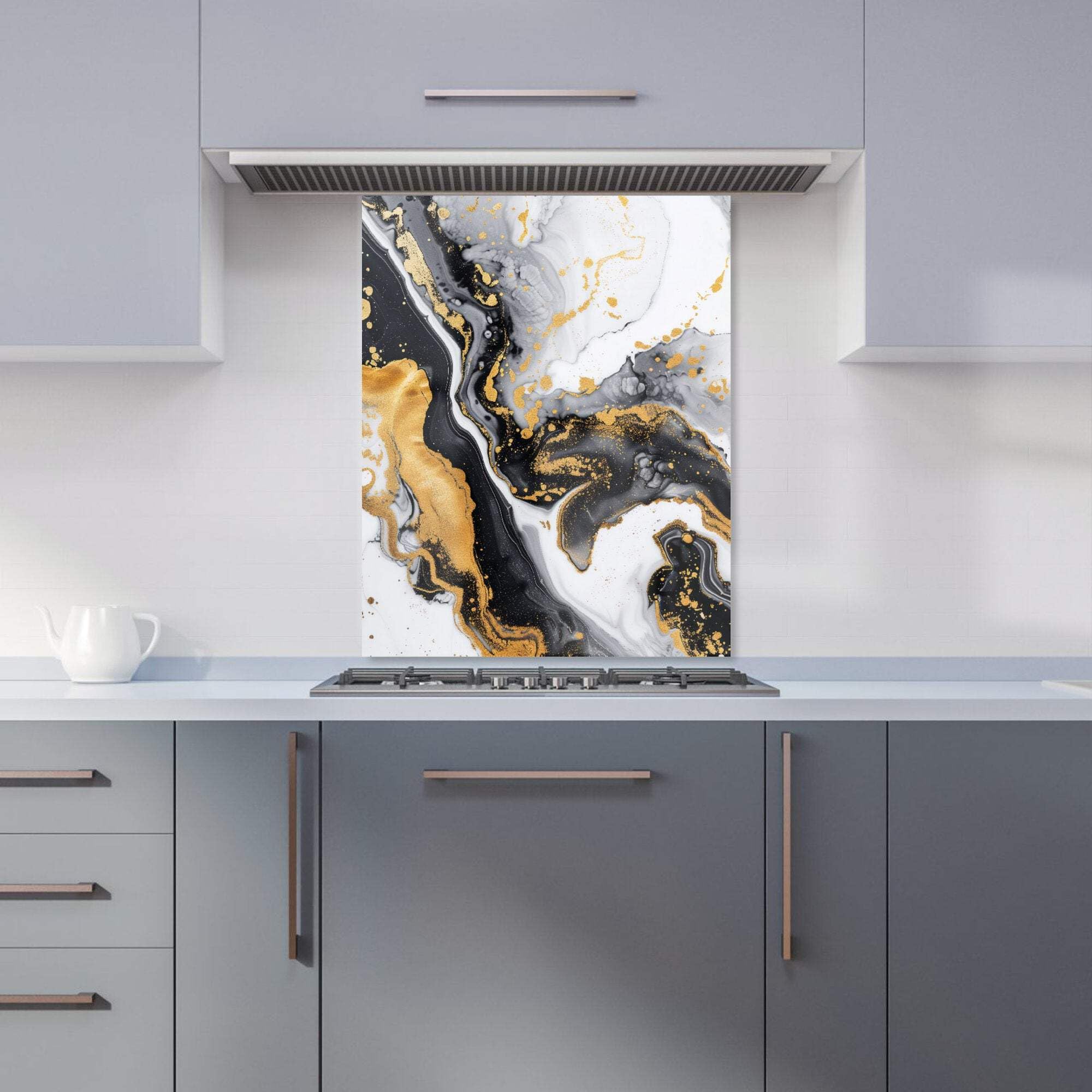 Gold White Black Marble Effect Kitchen Glass Splashback - Warren Reed - 600mm x 750mm