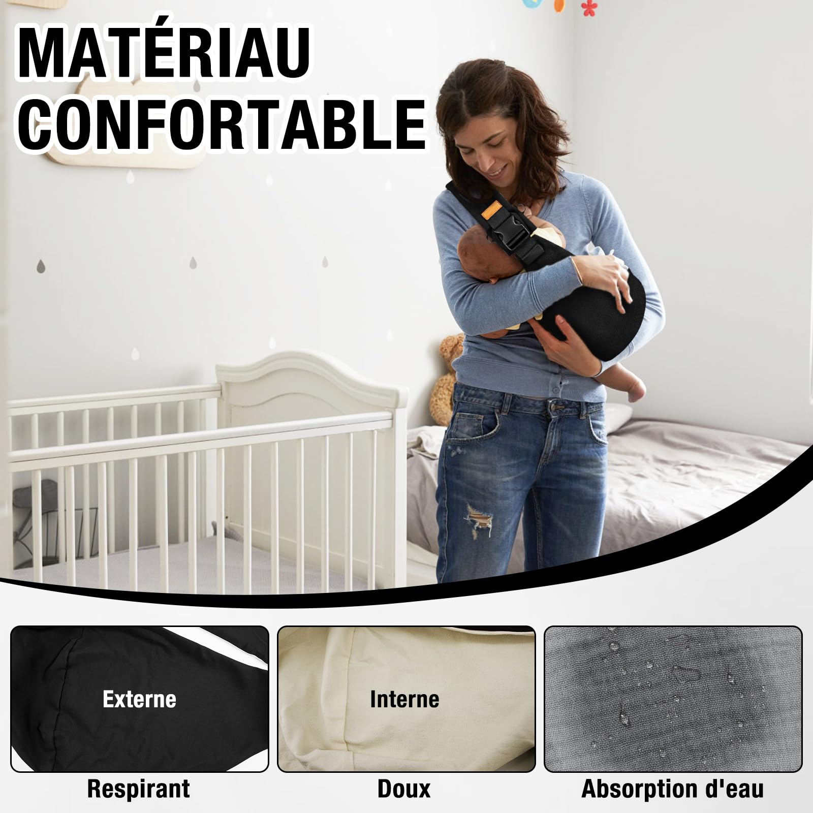 Écharpe de Portage Réglable Porte Bébé Hanche Respirant pour Nouveau-Nés et Tout-Petits jusqu'à 15 kg Noir