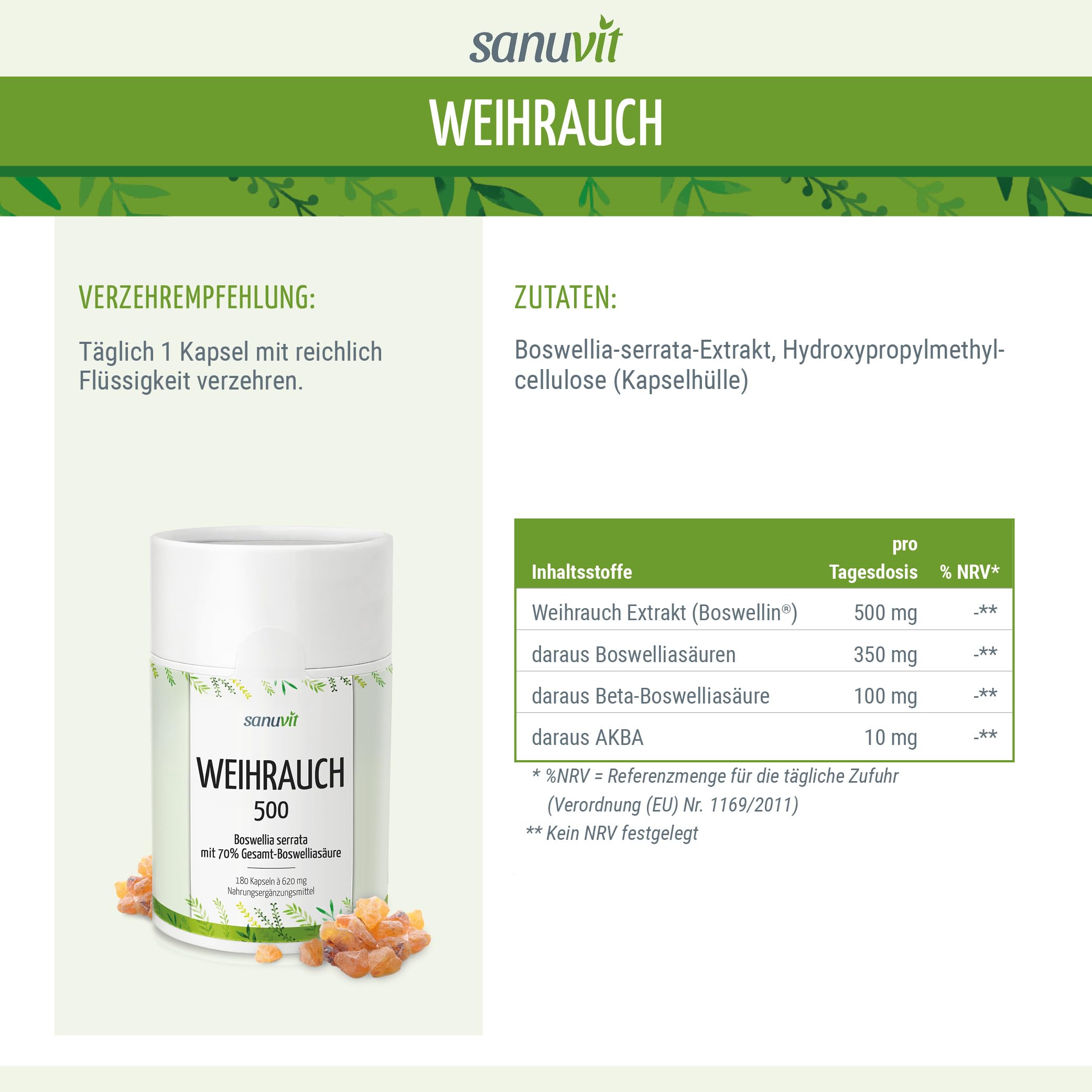 Sanuvit® - Weihrauch Kapseln 500 mg | 180 Kapseln | Hochdosiert | Indischer Boswellia serrata | Hohe Bioverfügbarkeit | Mit Premium Rohstoff Boswellin® | Vegan | Hergestellt in Österreich