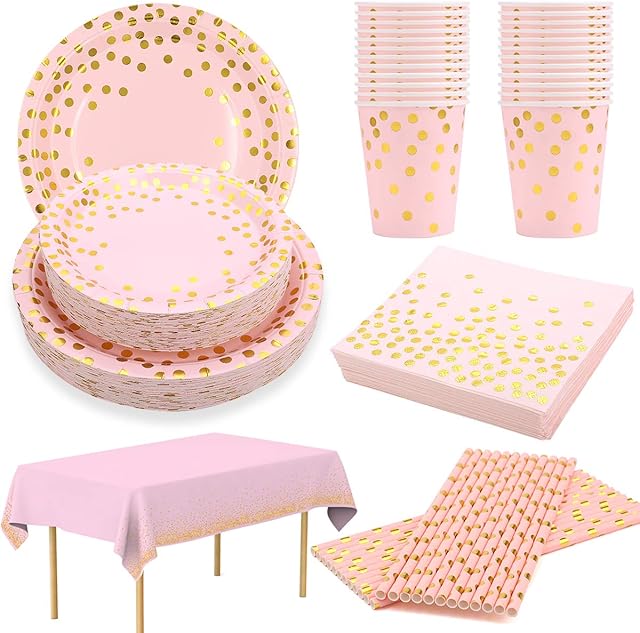 24 Guests Pink and Gold Party Supplies Disposable Party Plates Tableware Napkins Cups Straws Table Cloth for Baby Shower Girl 1st 13th Birthday Party Engagement Bridal Shower Gold Pink Paper Plates