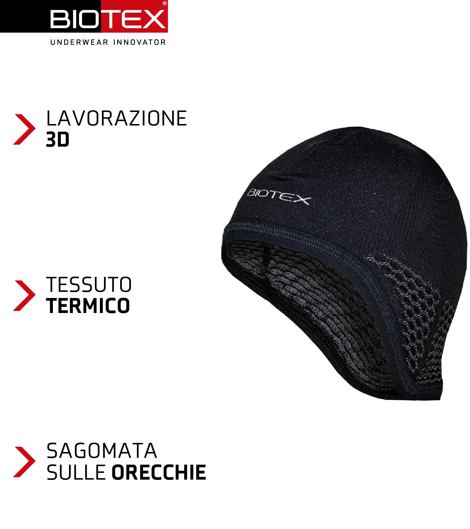 BIOTEX Sottocasco Cap Warm 3.0 Termico Unisex, Sagomato sulle Orecchie, Ideale per qualsiasi Sport, Intimo Tecnico Sportivo, Nero