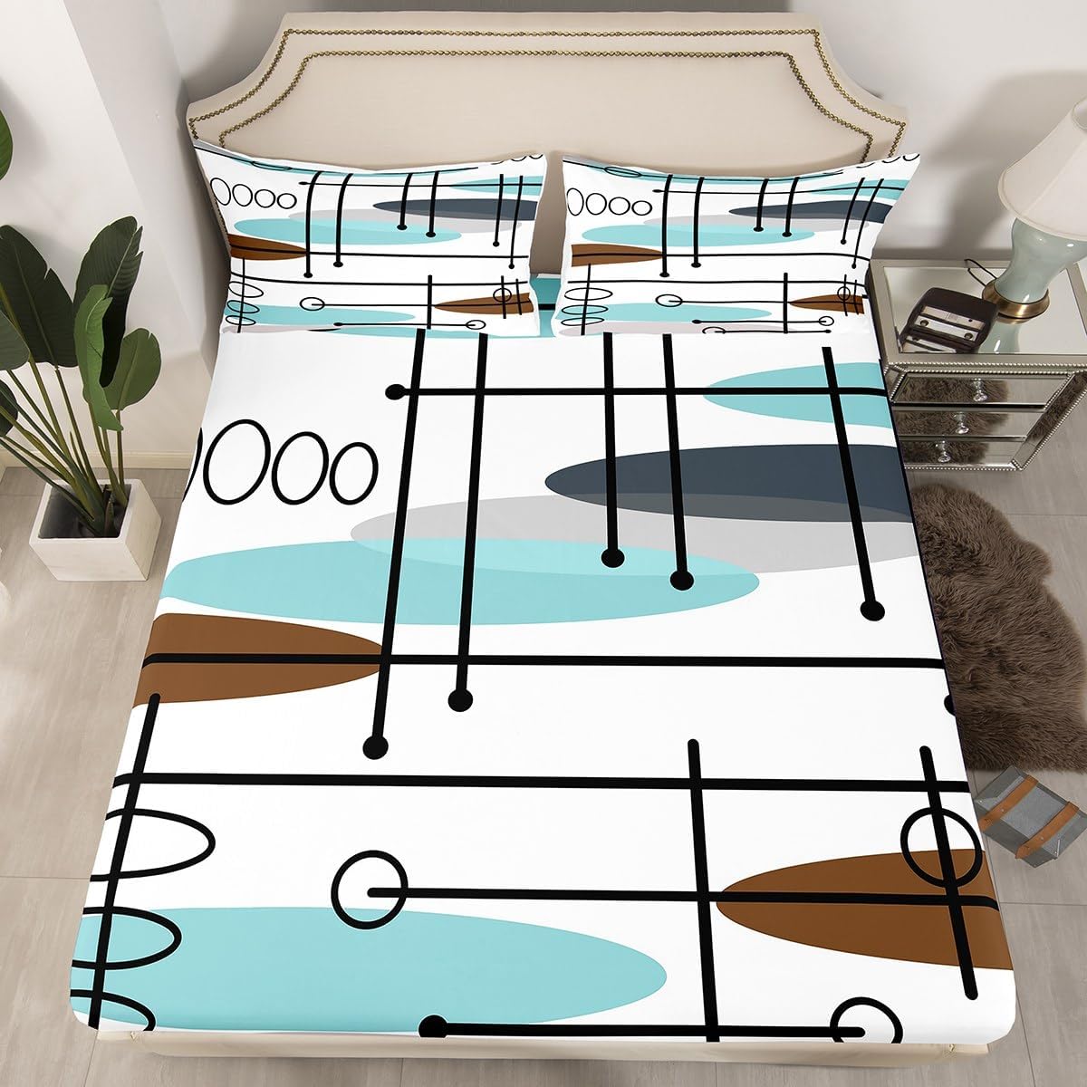 Erosebridal Mid Century Bed Sheets Modern Minimalist Fitted Sheet Full Size, Hippie Old Fashion Sheets Abstract Artwork Bedding, Aesthetic Lines Circles Bed Cover Teal White Grey (Deep Pocket)