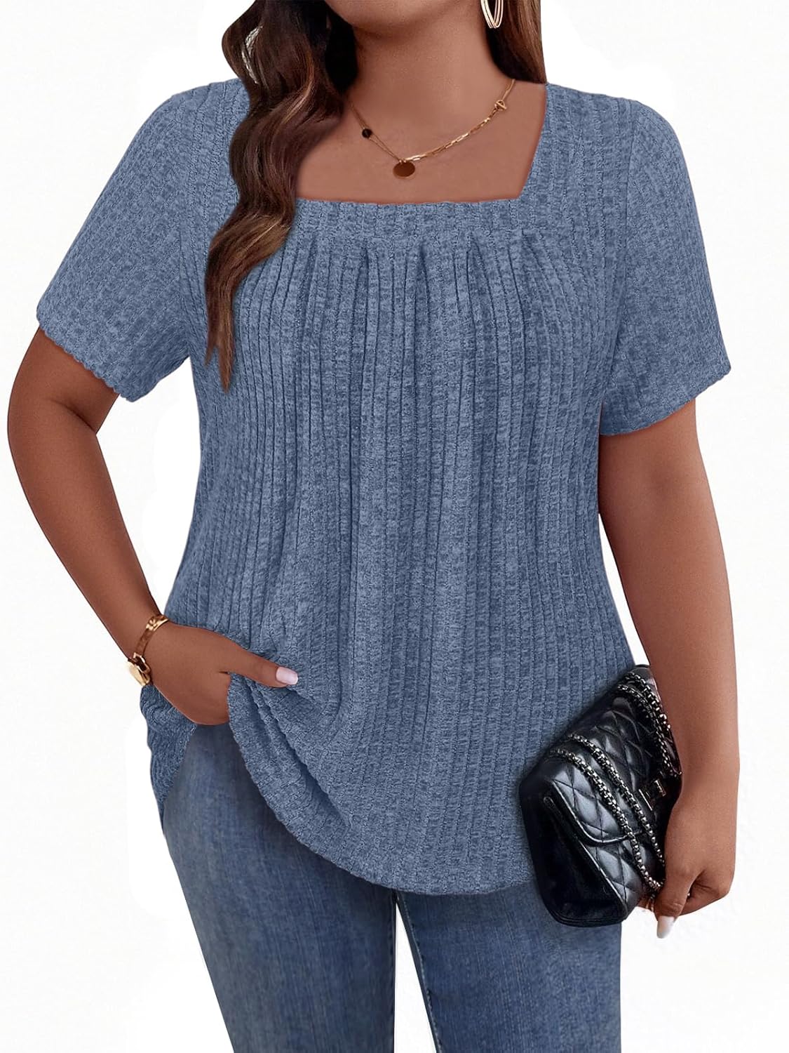 Tanst Sky Women's Plus Size Casual Tunic Tops Square Neck Short Sleeve Shirts Lightweight Pleated Blouses XL-5XL - Image 2