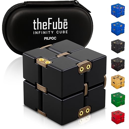 PILPOC theFube Infinity Cube Fidget Toys Adults - Aluminum Infinite Magic Cube with Case, Sturdy, Heavy, Relieve Stress and Anxiety, for ADD, ADHD, OCD, Stocking Stuffers for Teens (Black)