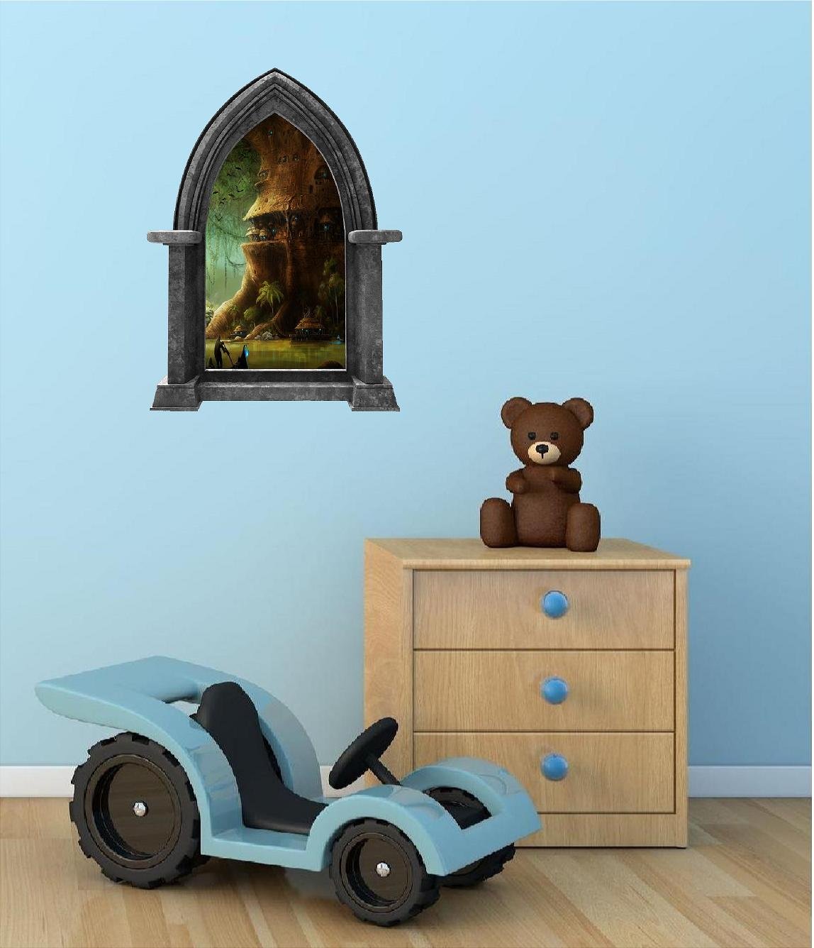 24" Castle Scape Instant Fairy Tale Window View ELF Tree Village #1 Granite Wall Decal Sticker Graphic Mural Home Kids Game Room Office Art Decor New