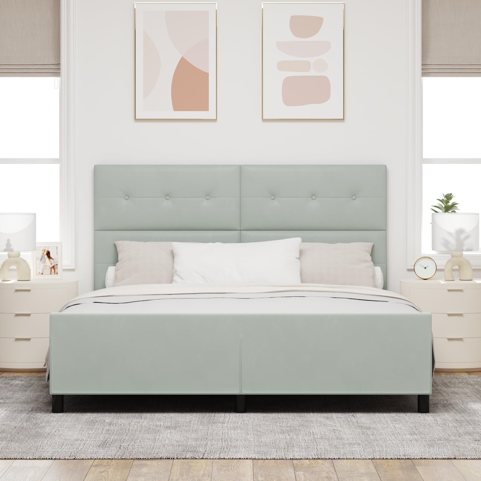 Bettgestell Hellgrau 180x200 cm, Modernes Samt upholstered Doppelbett, bedframe mit headboard und Platform für Bedroom