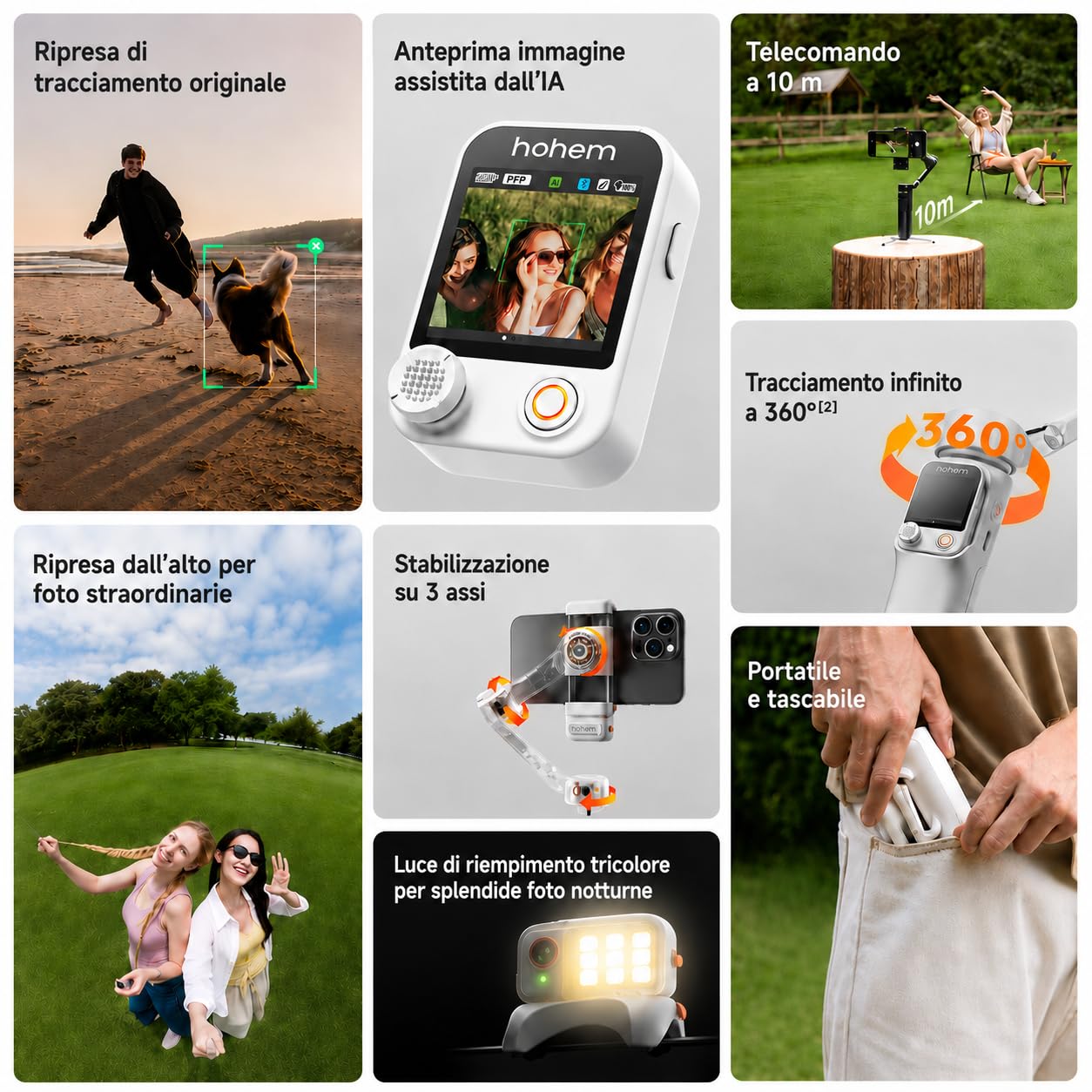 Hohem iSteady V3 Ultra Stabilizzatore per Smartphone, Follow AI a 360° | Controllo a Gesture,Telecomando Rimovibile con Schermo Touch da 1,22'', Asta di Estensione e Treppiede Gimbal per Vlog TikTok