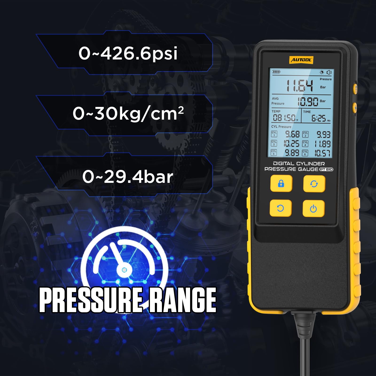 AUTOOL PT610 Compressiometre Essence, Moteur Testeur de Compression 0-426PSI 0~29bar, Compatible avec Toutes les Voitures camions et Motos, Cylindre Fuite Testeur, Coffret de Compressiomètre Kit