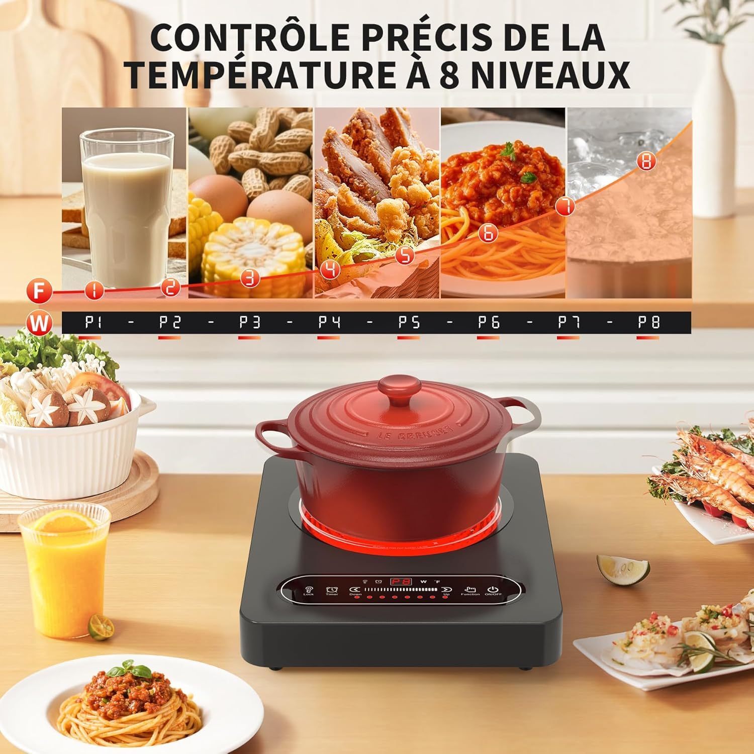 Plaque Vitrocéramique 1 Feu 2000W Tables de Cuisson Portable avec Minuterie 8 Niveaux de Puissance 220V-240V