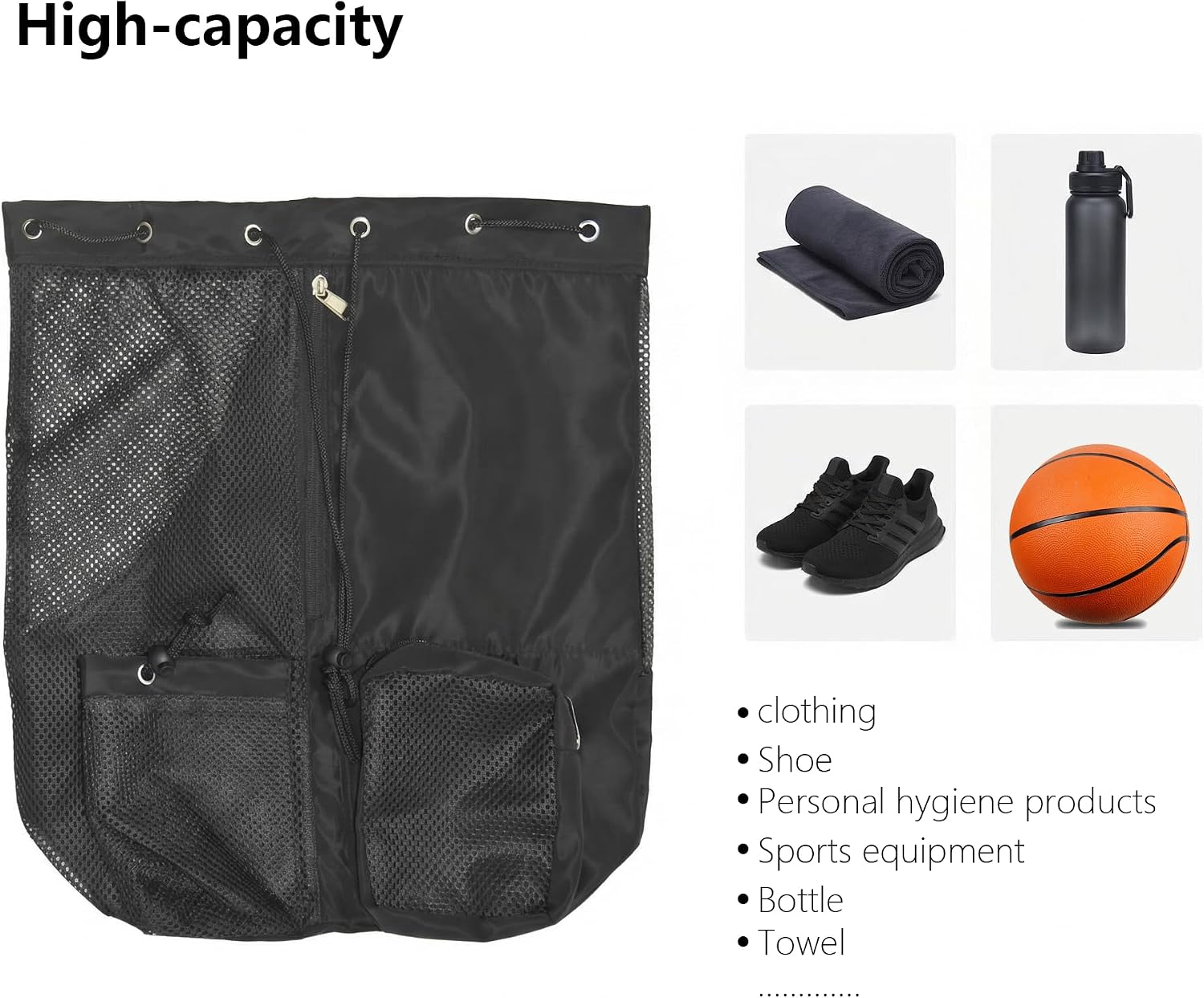 Mesh Drawstring Backpack, Black, Breathable Quick-Drying, Adjustable Straps, Side Pocket, for Gym, Beach, Pool, 18.9x11.42x5.91in (Black)