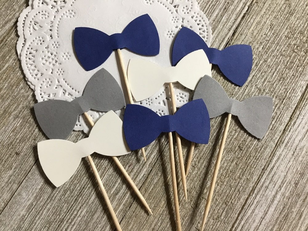 Buy Navy Blue Grey and White Bowtie Cupcake Toppers Food Picks