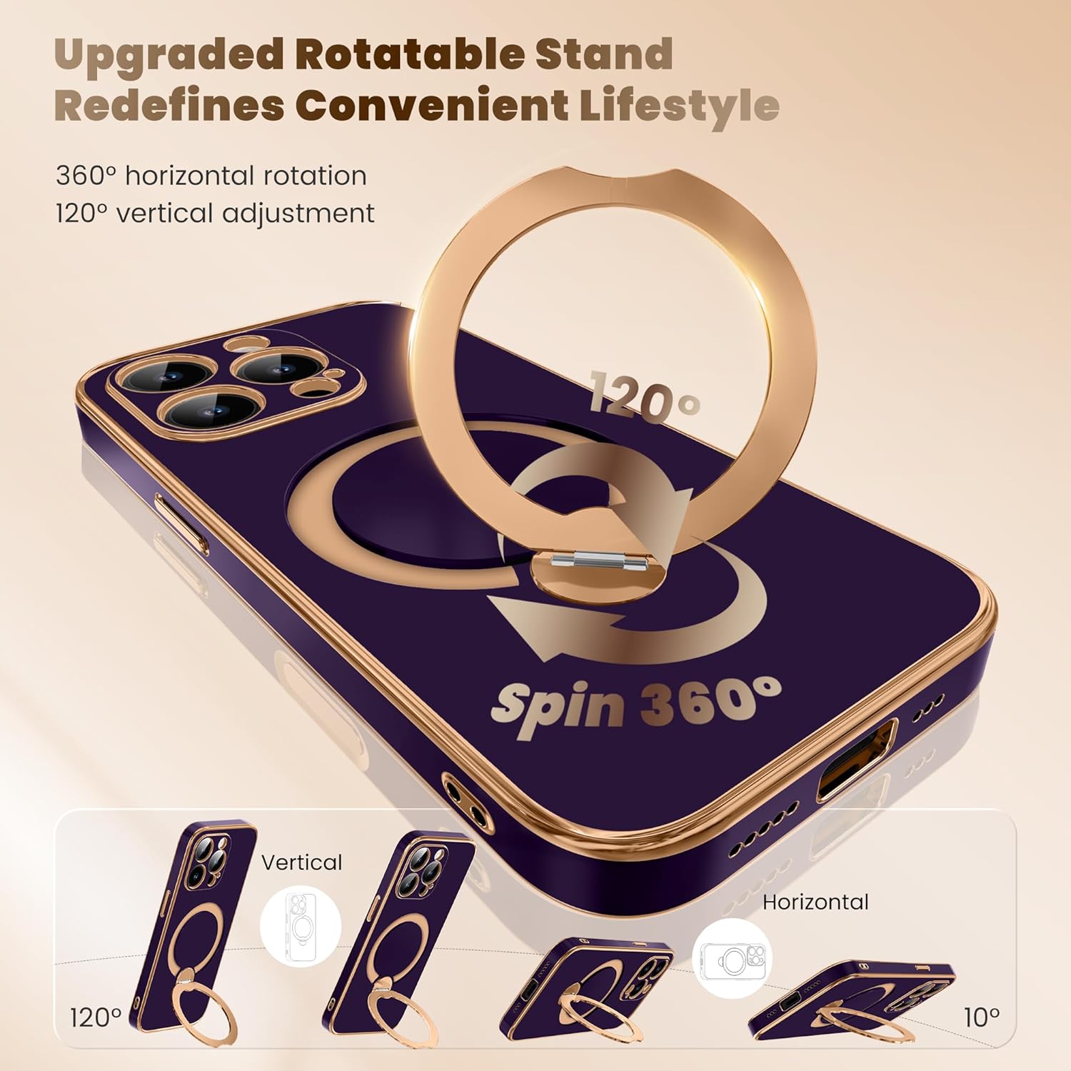 GolbinBox for iPhone 15 Pro Max Case with 360° Spin Magnetic Stand,[Compatible with Magsafe] [Military Protection][Built-in Ring Holder] Shockproof Phone Case for 15 Pro Max, Purple - Image 5