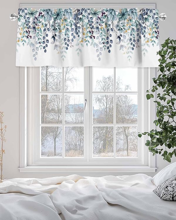 CosyBright Blue Eucalyptus Leaves Window Valance Watercolor Blue Plant Leaf Window Treatment Blue Green Leaves Rod Pocket Curtain Valance,42x12 inch Botanical Kitchen Valance for Bedroom Bathroom by CosyBright - Used condition - Image 5