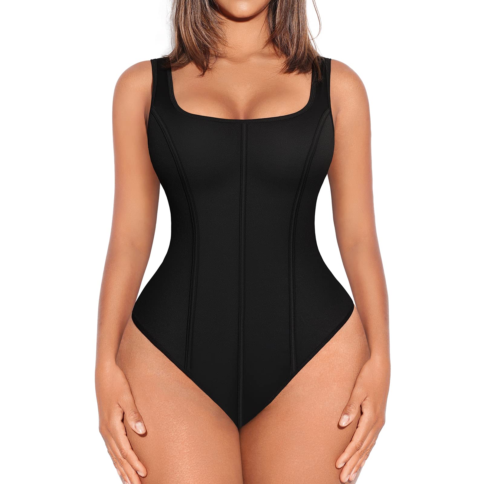 FeelinGirl Plus Size Bodysuit for Women Thong Tummy Control Slimming Bodysuits Going Out Tank Tops Black 3XL