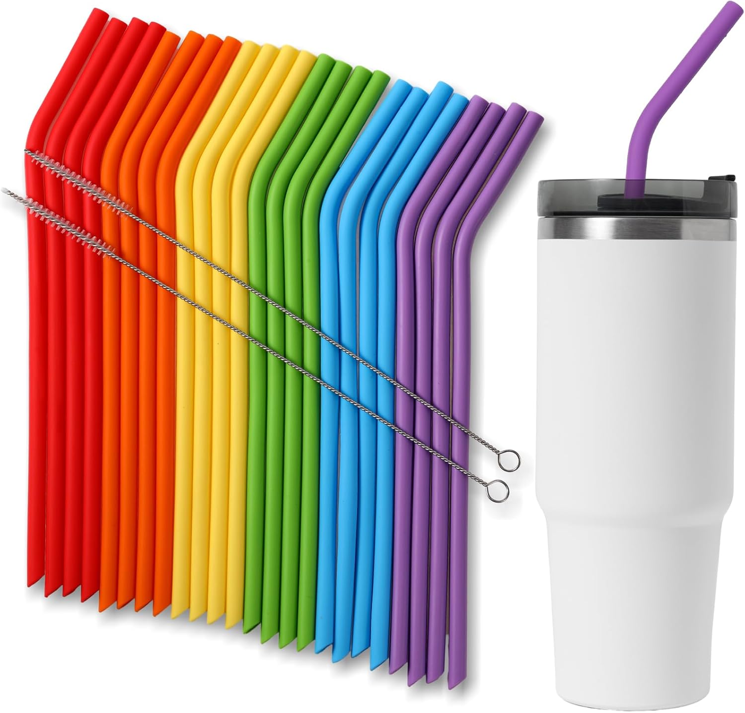 Hushee 24 Pcs Reusable Silicone Straws 12'' x 9.5 mm Flexible Replacement Long Straws with 2 Cleaning Brushes for 30 oz 20 oz Tumblers Juice Smoothies Milkshakes Tea No Rubber Taste (Bright Color)