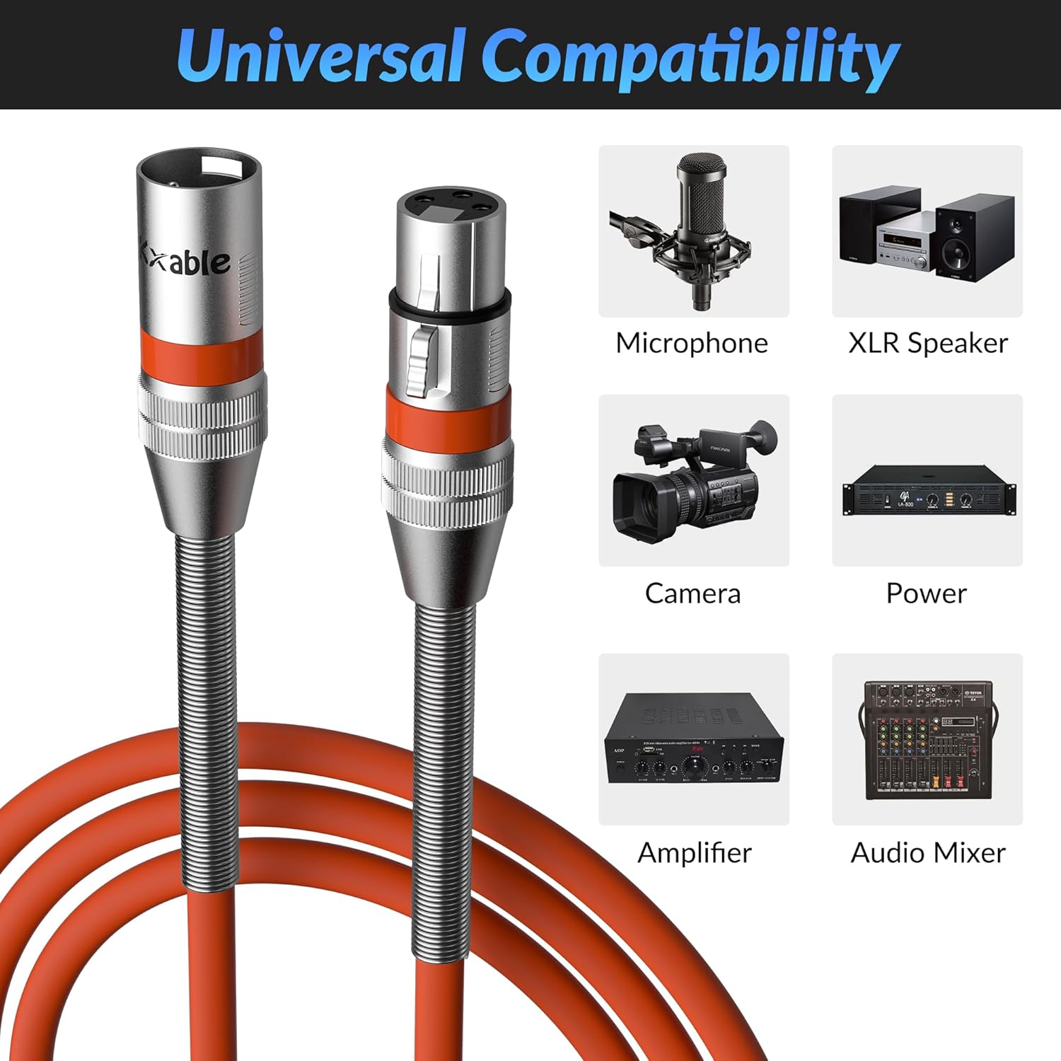 Premium XLR Microphone Cable - 100 Feet, Heavy Duty 22AWG OFC XLR Male to Female Cord, 3-Pin Shielded Mic Speaker Cable, Zinc Alloy Connectors, Metal Spring SR, Orange