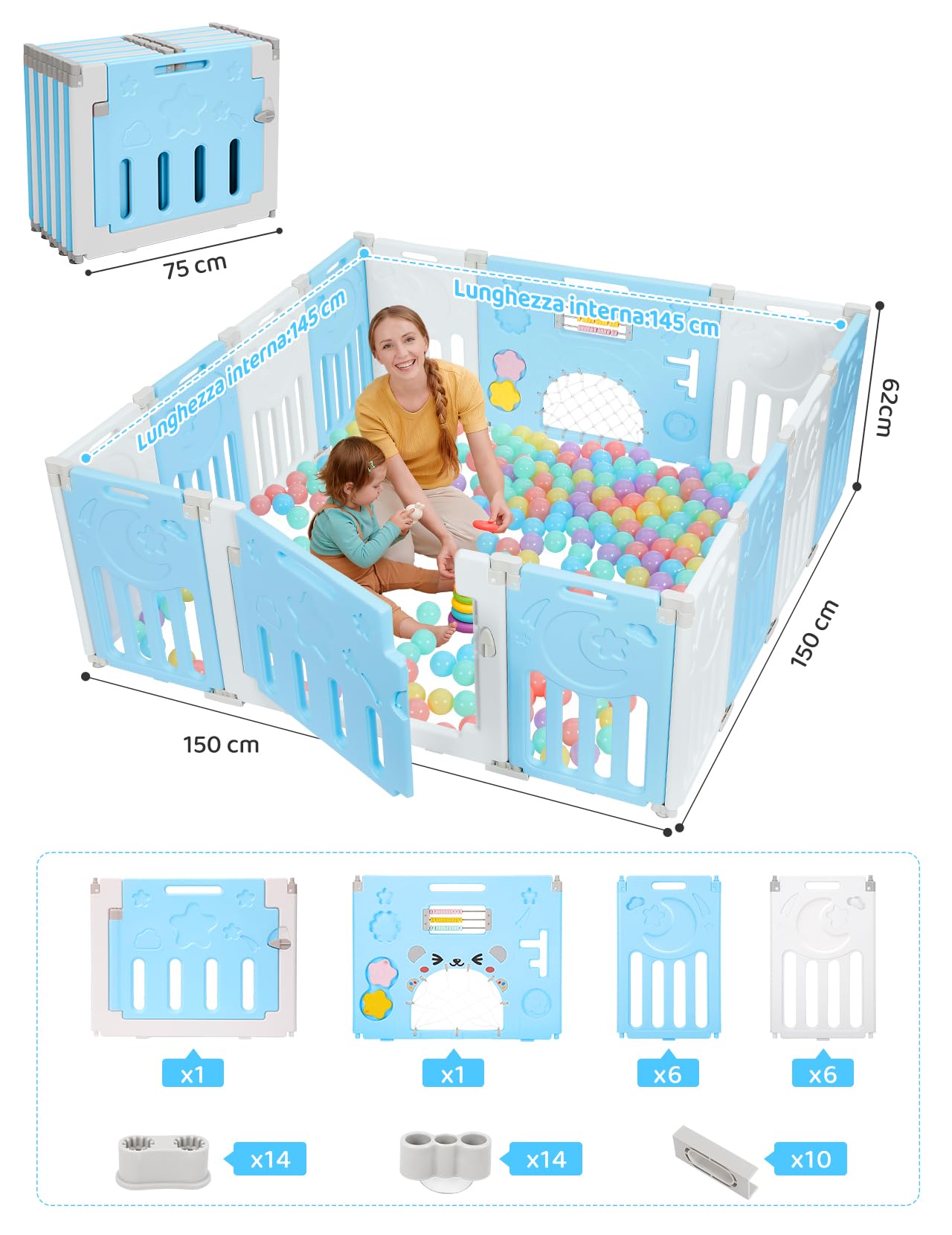 Dripex Box Bambini 150×150 cm, Recinto per Bambini Pieghevole, Box Neonato in Forma Adattabile, Recinto Neonato in Plastica, Blu