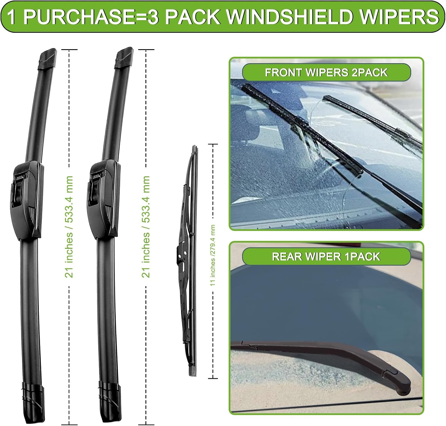 PARRATI® Windshield Wipers for Jeep Grand Cherokee 1999-2004,21"+21" Front and 11" Rear,OEM Replacement Wiper Blades,Quiet & Streak-Free(Set of 3)