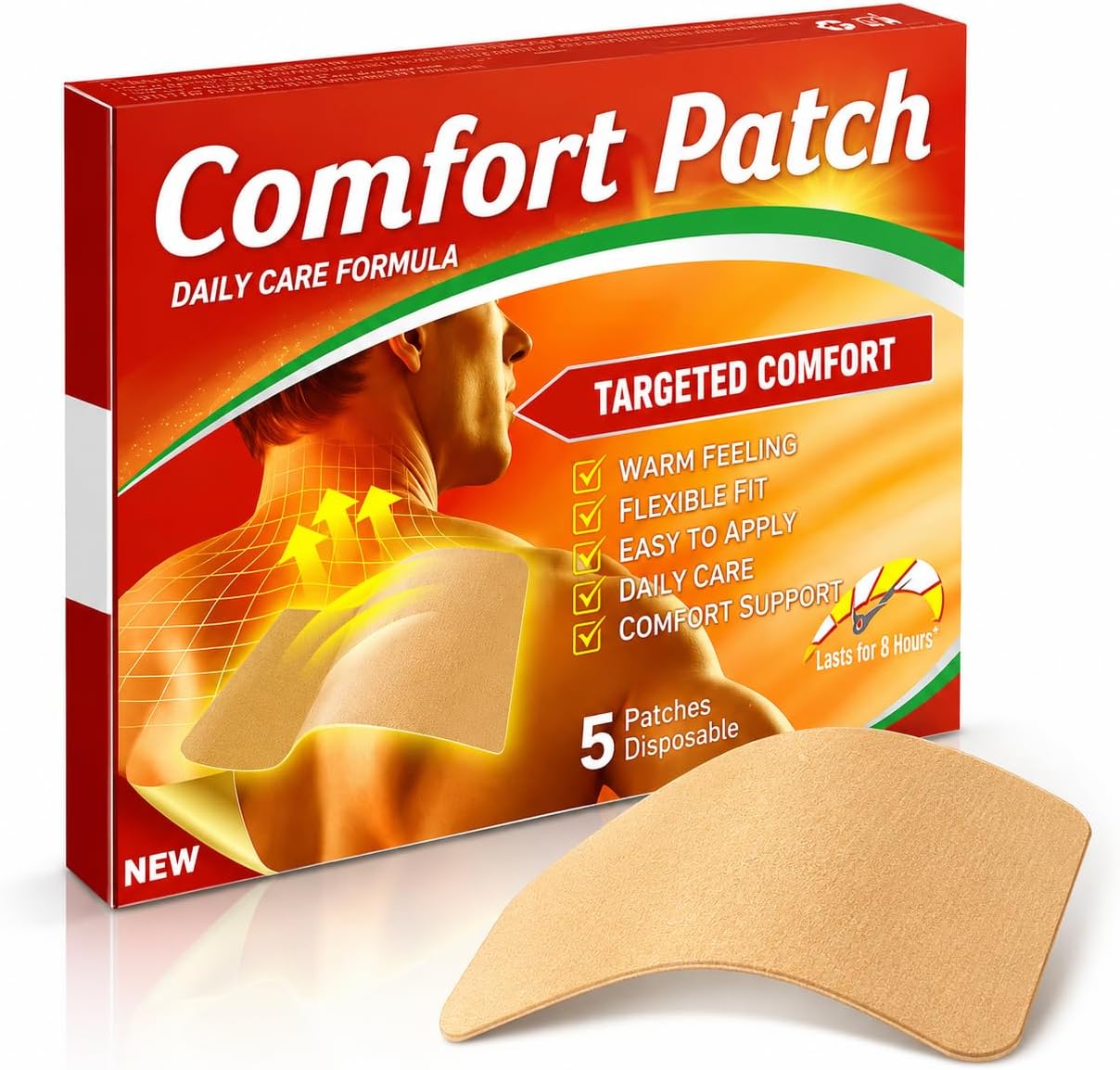 Warming Comfort Patches, 5 Count Individually Sealed Adhesive Body Care Patches, Flexible Fabric Patch for Back Neck Shoulder Knee and Leg, Up to 8 Hours Wear Time, External Use Only