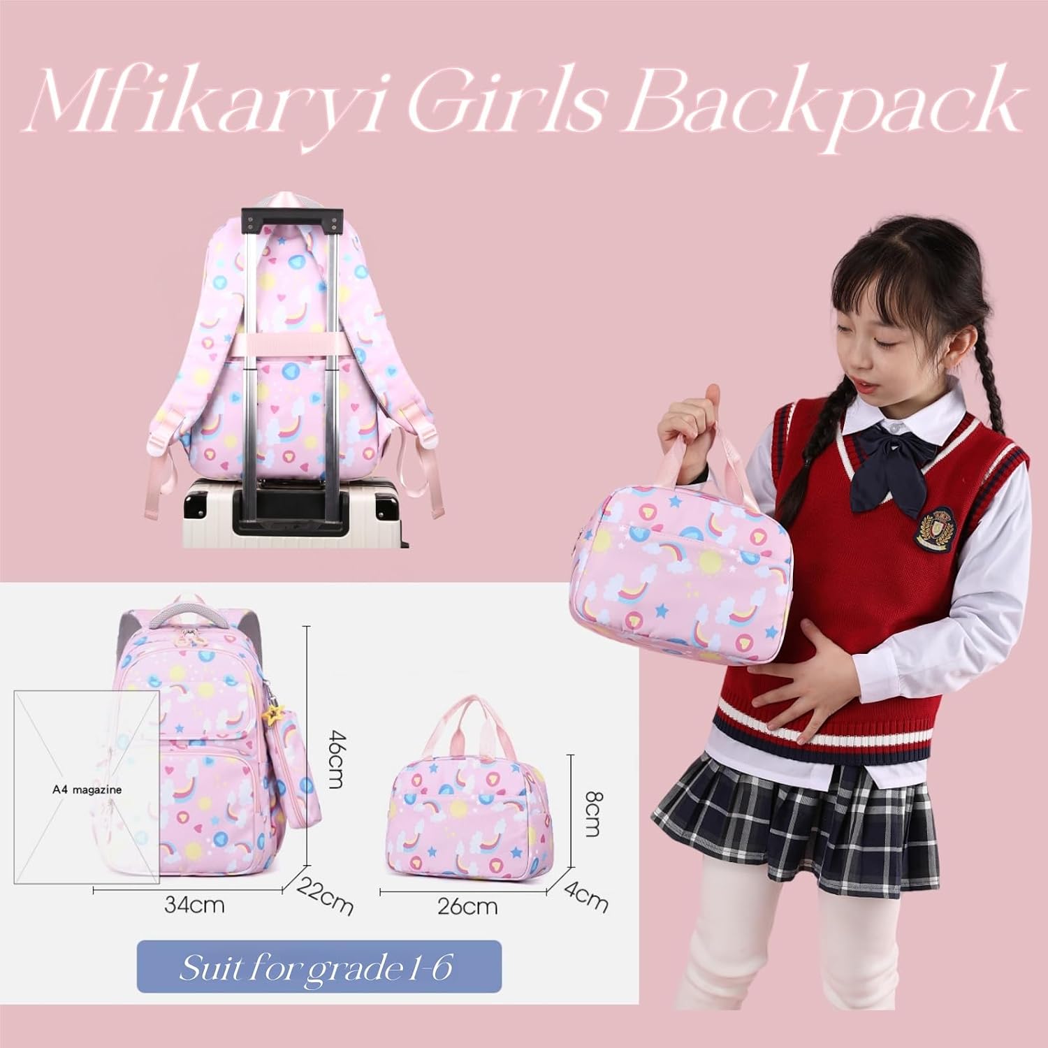 Mfikaryi Kids Backpacks for Girls Rainbow BookBag Set Teens School Backpack with Lunch Box
