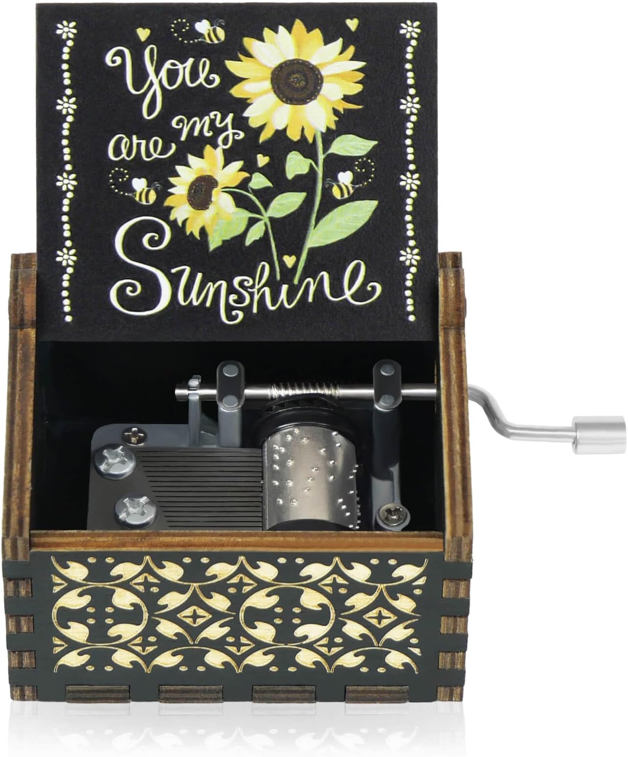 You are My Sunshine Music Boxes Colorful, Christmas Anniversary Wedding Birthday Gifts for Boyfriend Her Him Wife Girlfriend Mom, Hand Crank Unique Wooden Engraved Vintage Musical Box(Black)