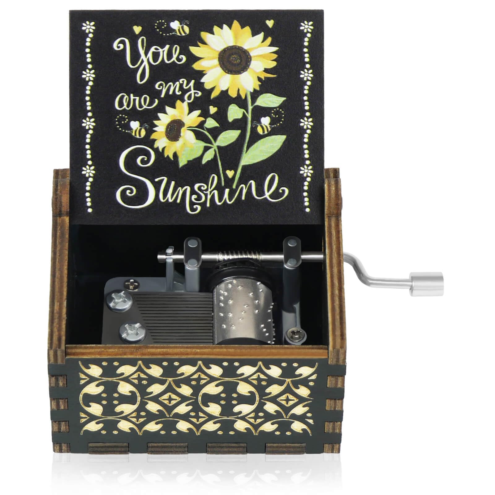 You are My Sunshine Music Boxes Colorful, Christmas Anniversary Wedding Birthday Gifts for Boyfriend Her Him Wife Girlfriend Mom, Hand Crank Unique Wooden Engraved Vintage Musical Box(Black)