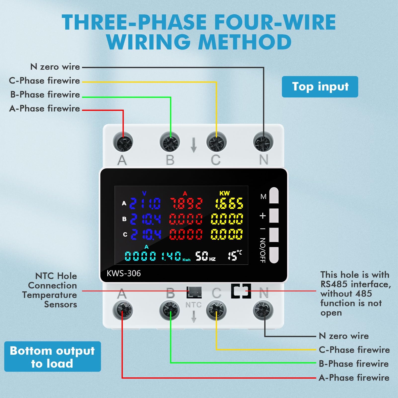 Medidor de Energía Trifásico 4 Hilos DIN Rail Voltímetro kWh 80A CA 85-290V | Contador Consumo Eléctrico Protección contra Sobretensión Subtensión y Sobrecorriente con Sonda de Temperatura