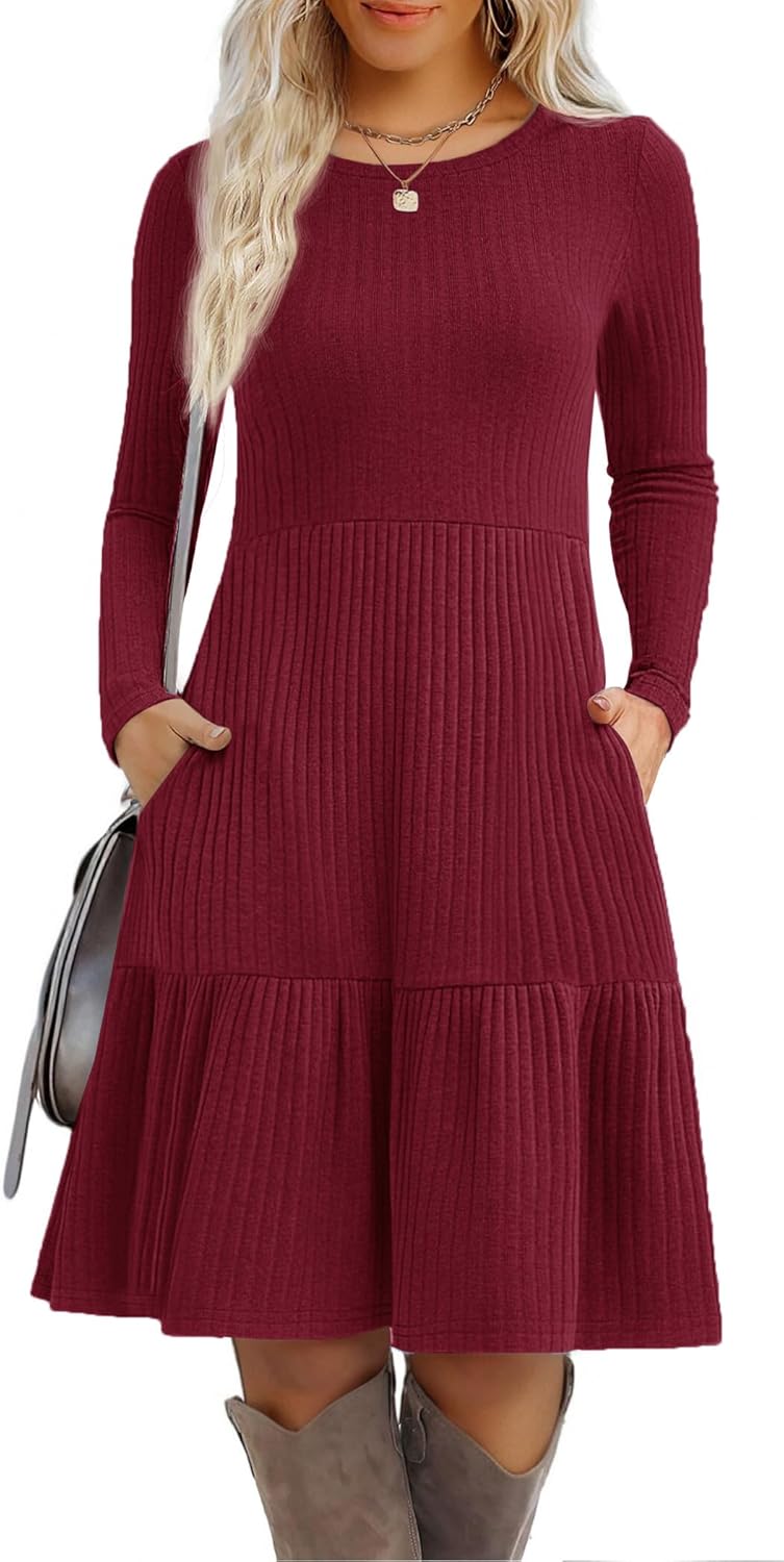 Zeagoo Womens Long Sleeve Fall Dresses with Pockets 2025 Flowy Casual Ribbed Knit Crew Neck Knee Length Sweater Dress