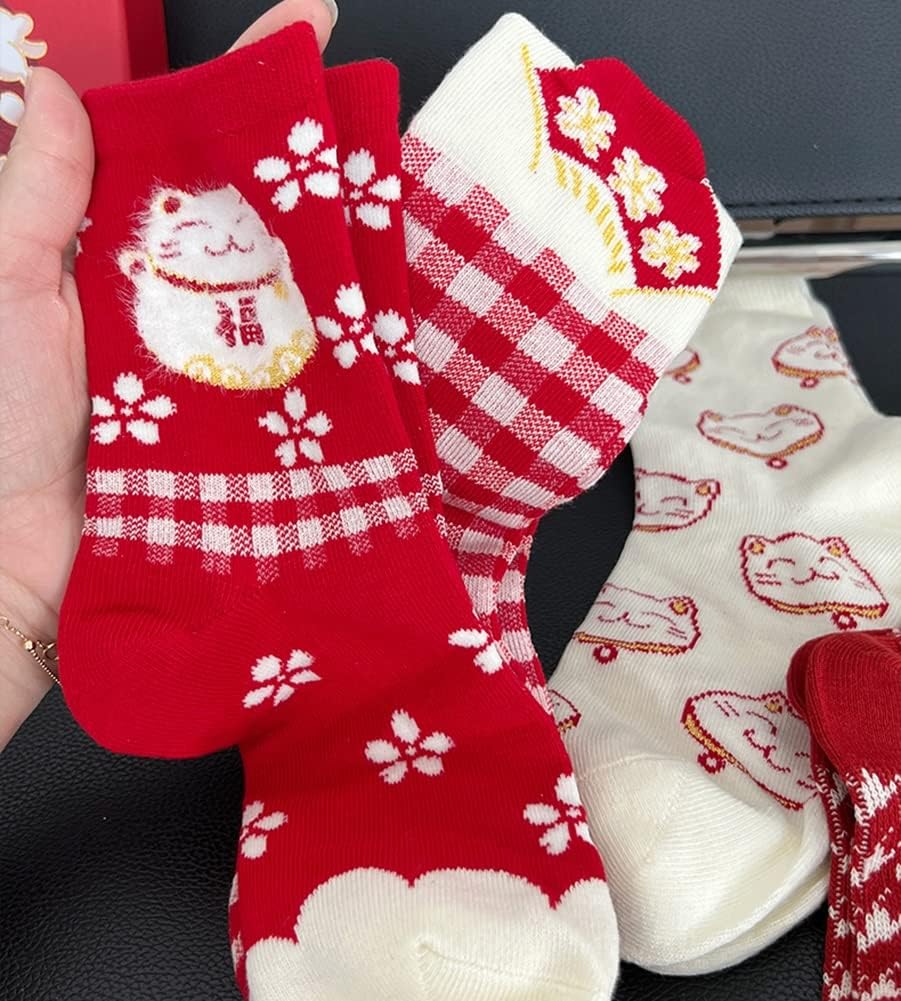 New Year's Red Lucky Socks, Rabbit Embroidered Chinese Zodiac Girl Socks, Chinese Lunar New Year Best Gift, 6 Pairs
