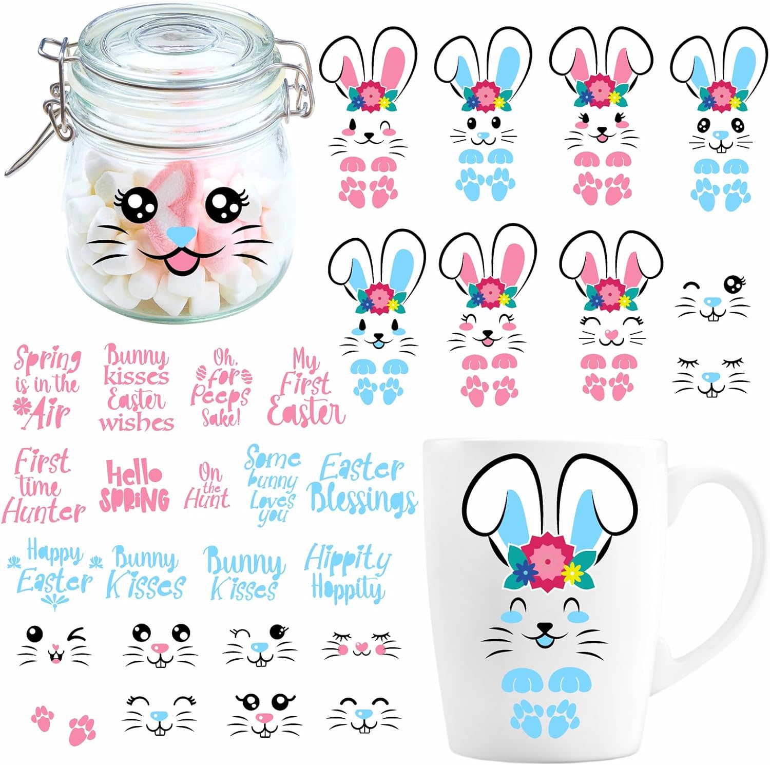 Easter Bunny Face Decals Happy Easter Quotes Sticker Spring Holiday Party Decoration Supplies DIY Bunny Faces Stickers Vinyl Face Decals for Crafts Glass Water Bottle Cup
