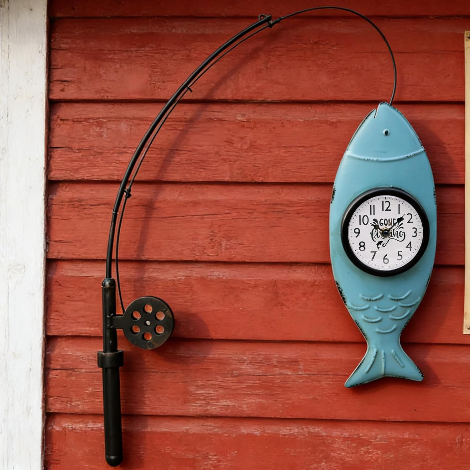 Rustic Fishing Rod Wall Clock with Hanging Fish Fishing Pole Wall Decor for Lake House Cabin Lodge Farmhouse Man Cave Decor Fisherman Gifts for Men Retirement Gift for Fishing Lovers Father Birthday