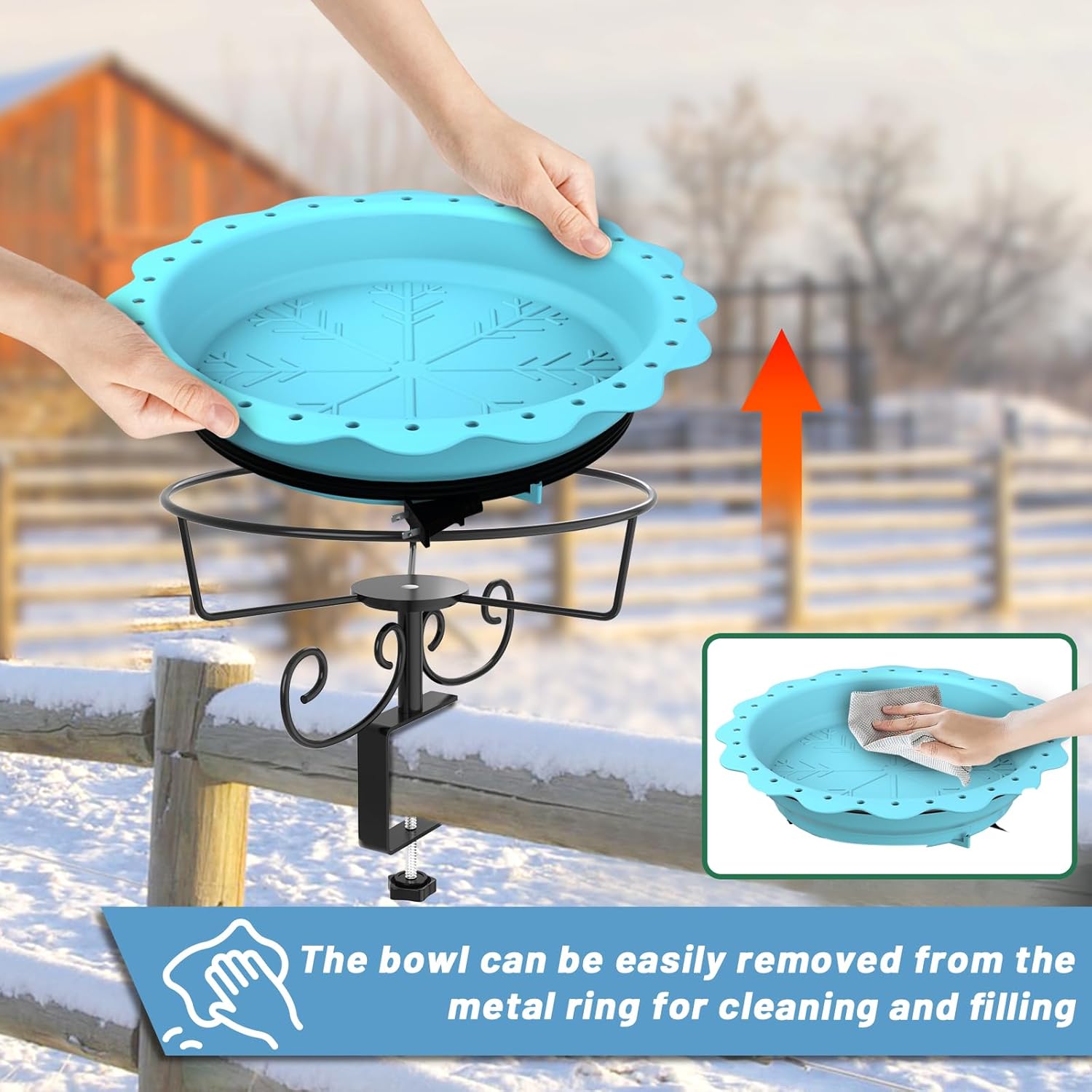 Heated Bird Baths for Outdoors, 100W Heated Bird Bath for Deck Railing, Heated Birdbath with Thermostat Control, Heated Bird Bath for Outside Winter Garden Patio Yard (Blue)