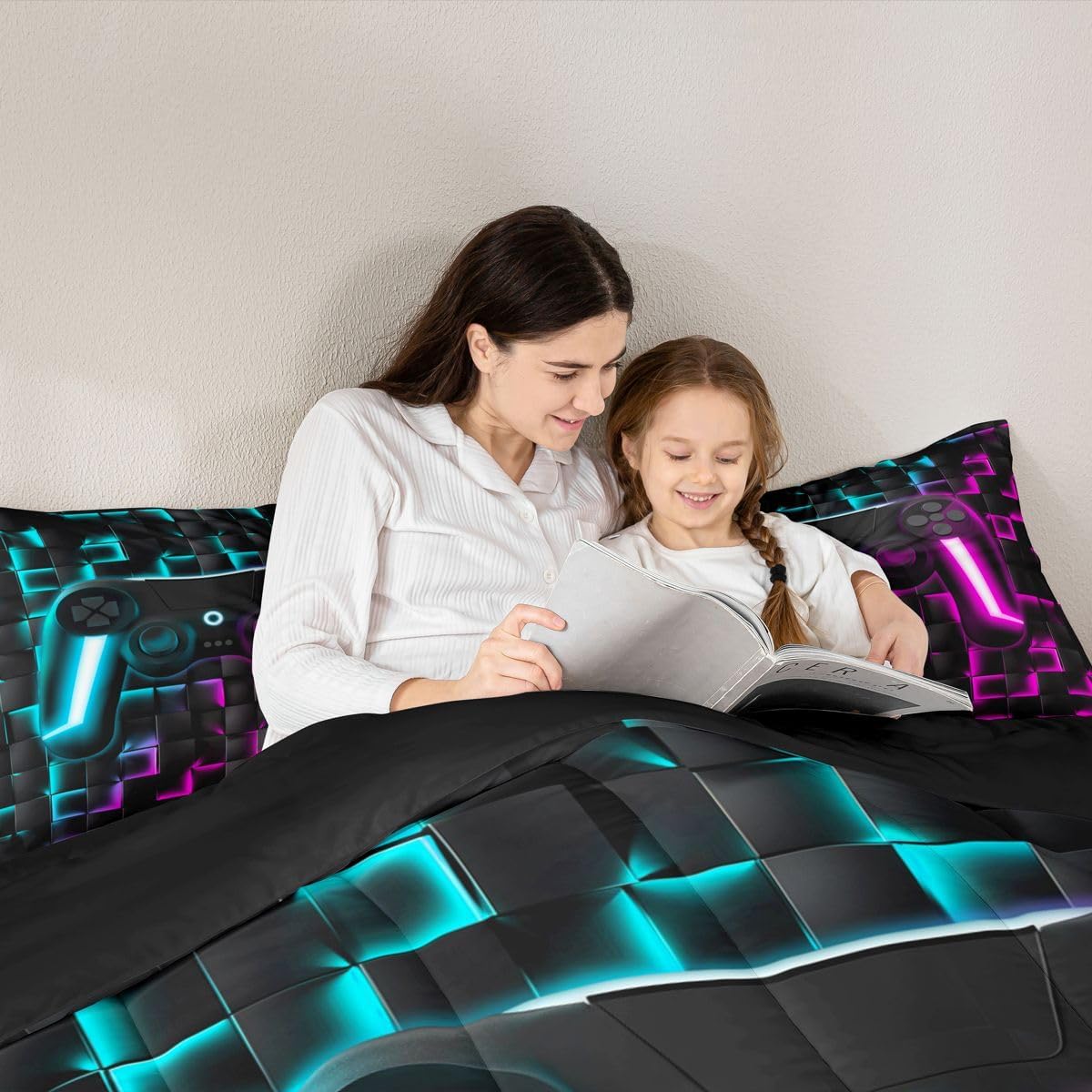 Erosebridal Boys Gamer Comforter Set Gaming Queen Size Bedding Sets for Kids Boys Teen Men Neon Lights Ombre Checkered Video Games Bed Comforter Set 3D Geometric Game Console Quilt Blue Purple
