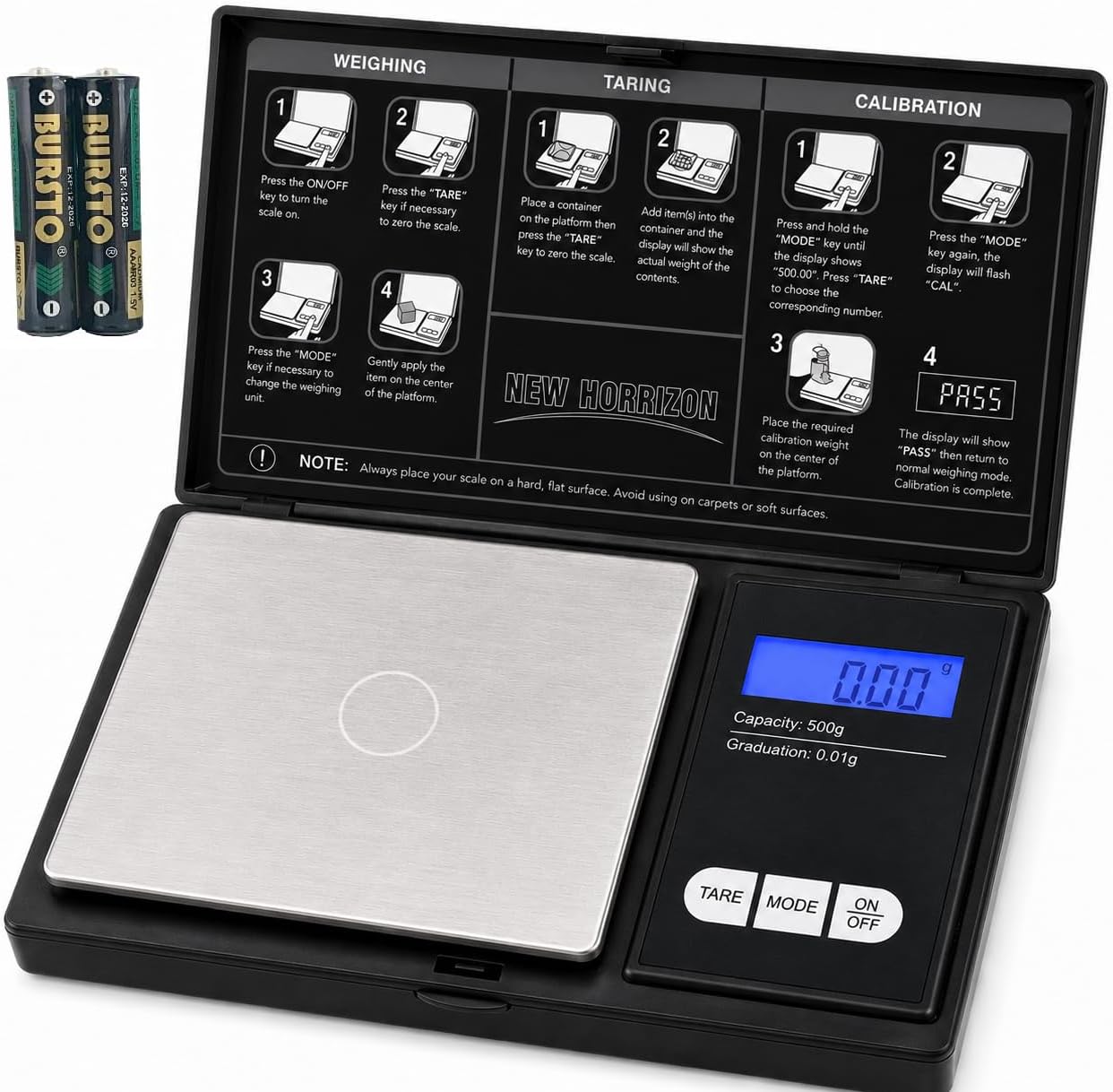 New Horrizon Digital Scales, Kitchen Scales Digital, Pocket Scales, 0.01g x 500g, Food Scale LCD Display, Jewellery Scales Weighing Scales Kitchen