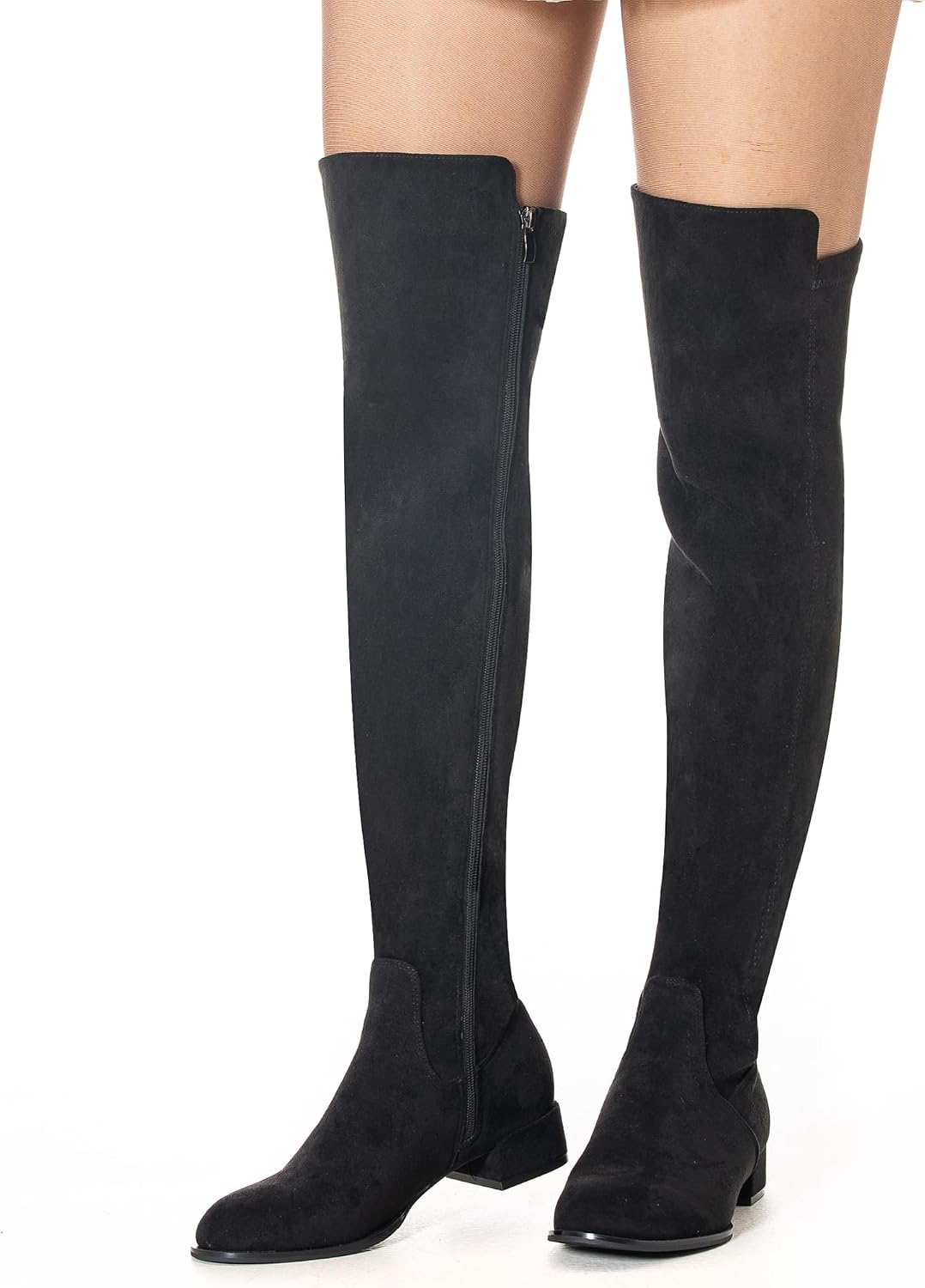 N.N.G Women Over Knee Boots Suede Thigh High Long Comfort Black Winter Low Square Toe Block Heel