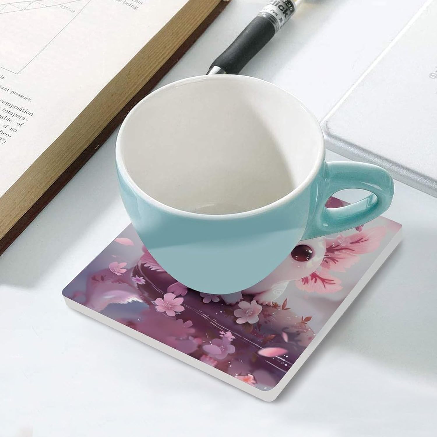 Cherry Flowers Axolotl Coasters for Drinks Square Table Coasters Set Cup Mats with Cork Base