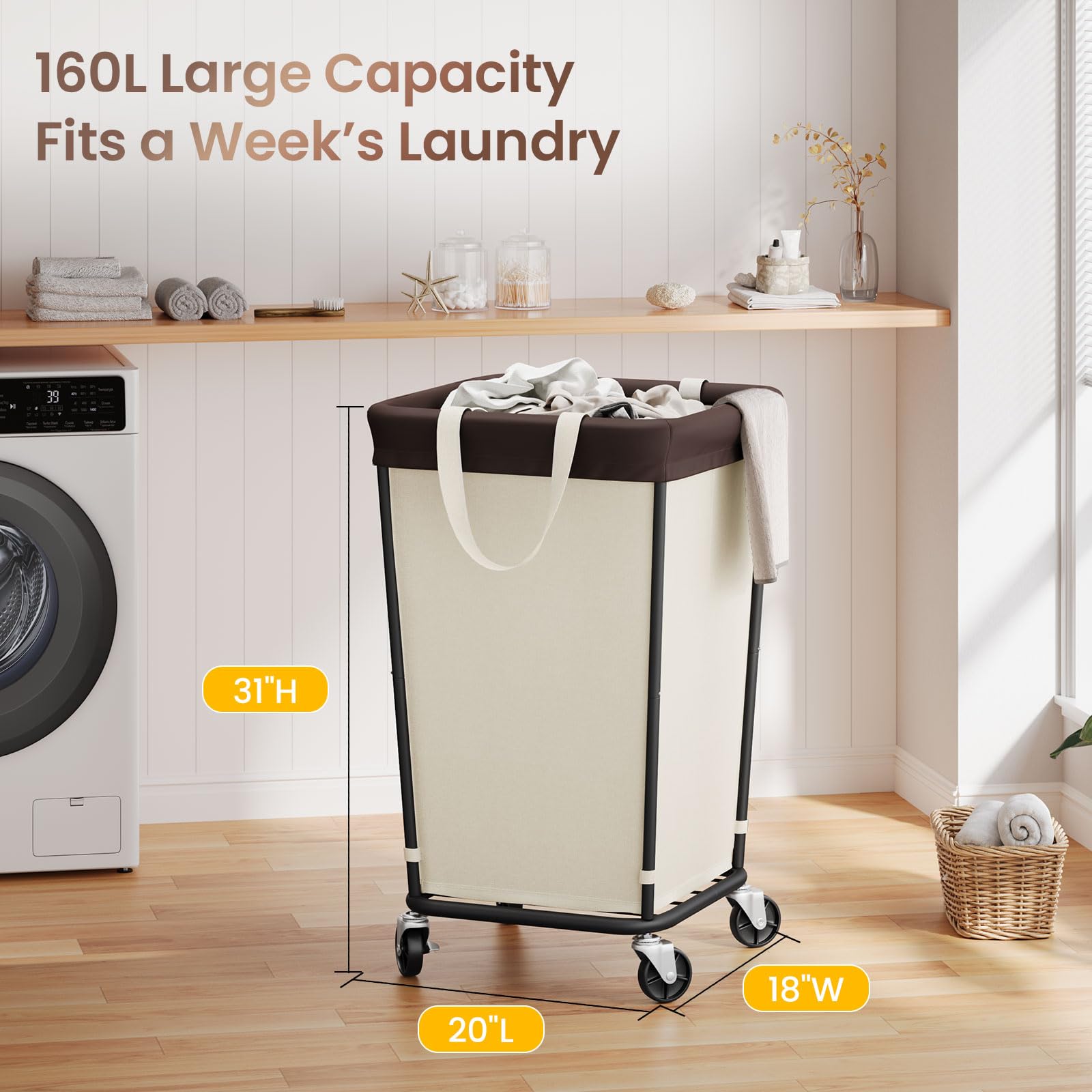 160L Laundry Basket with Wheels, 2-Section Rolling Hamper for Laundry, Large Laundry Hamper with Wheels, Rolling Laundry Basket Clothes Hamper for Home, Bathrooms and Dorm(Beige)