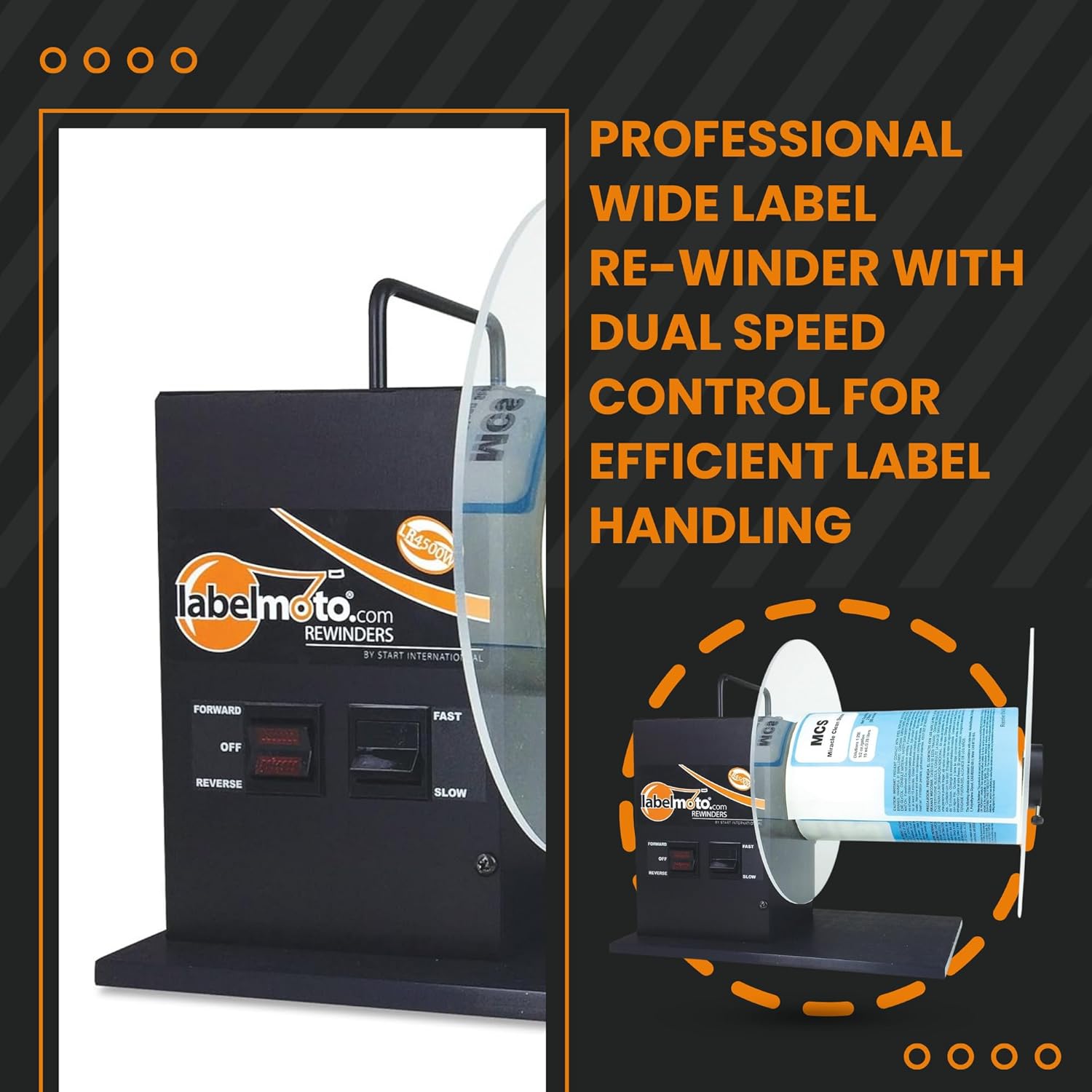 START International - LR4500W - Bidirectional Label Rewinder - Electric Label Rewinder Machine for Thermal Printers - Label Winder - 9 Inch Roll Capacity up to 7”Width Black