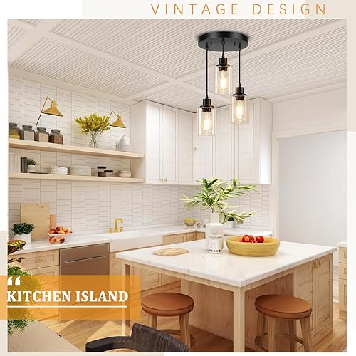 Miniatura 4 de Licperron Lámparas colgantes de 3 luces, luces colgantes negras para isla de cocina, iluminación colgante ajustable con pantalla de vidrio