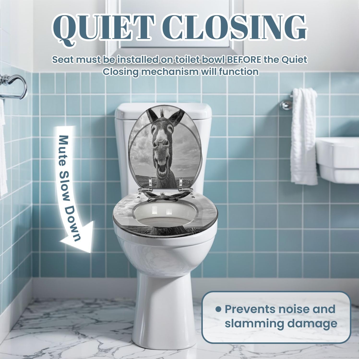 Round Toilet Seat Laughing Donkey Resin Toilet Seat Slow Quiet Close with Quick-Release Hinges Toilet Seat with Cover Easy to Clean Install