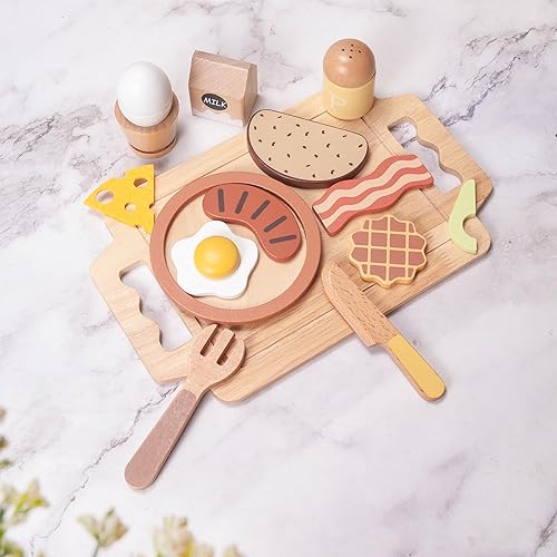 Miniatura 6 de Juego de desayuno de madera de 16 piezas, accesorios de cocina de juguete de comida para jugar