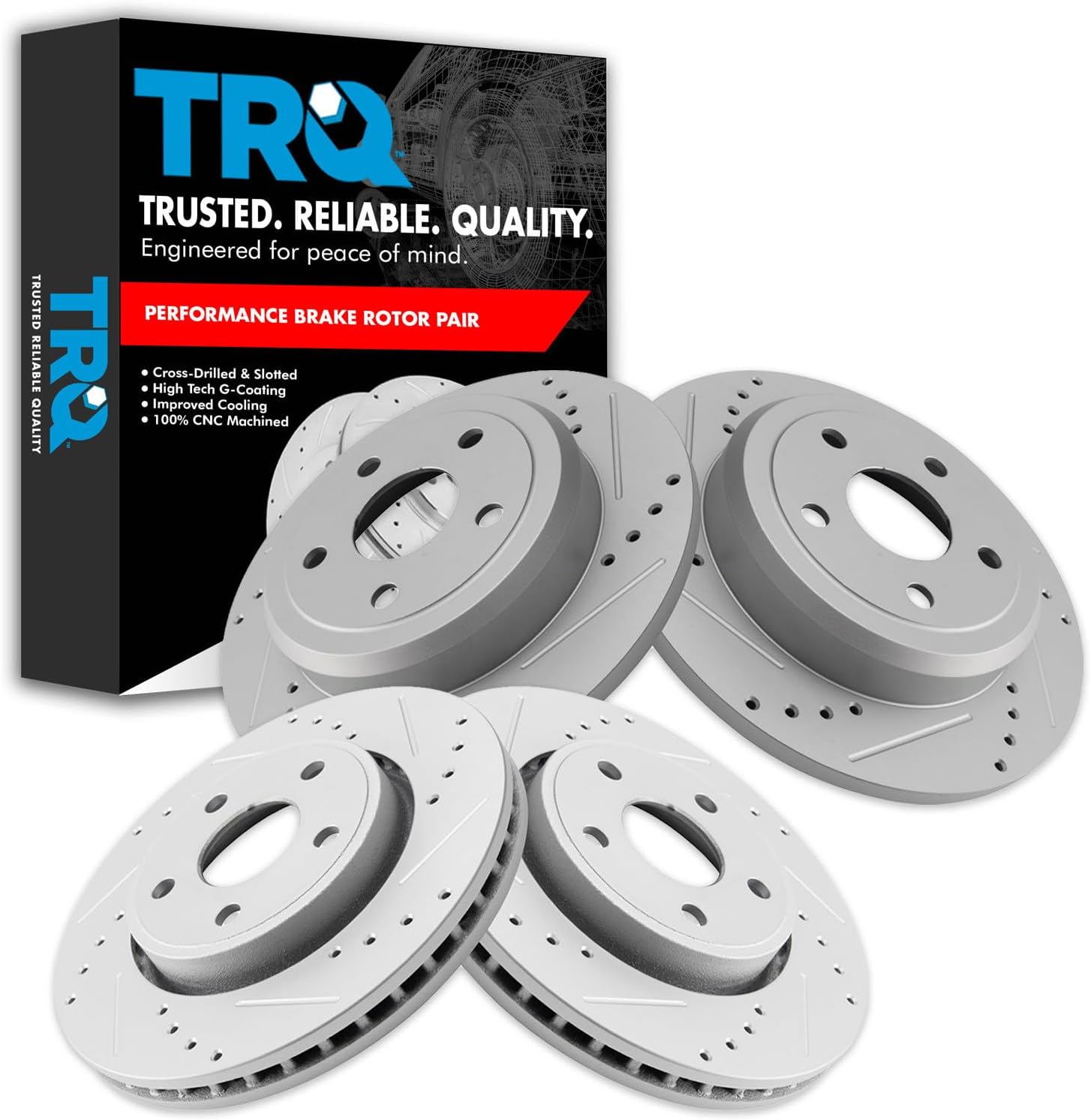 TRQ Front and Rear Performance Brake Rotors Set Premium G-Coated Cross Drilled & Slotted Compatible with 2011-2020 Dodge Durango Jeep Grand Cherokee