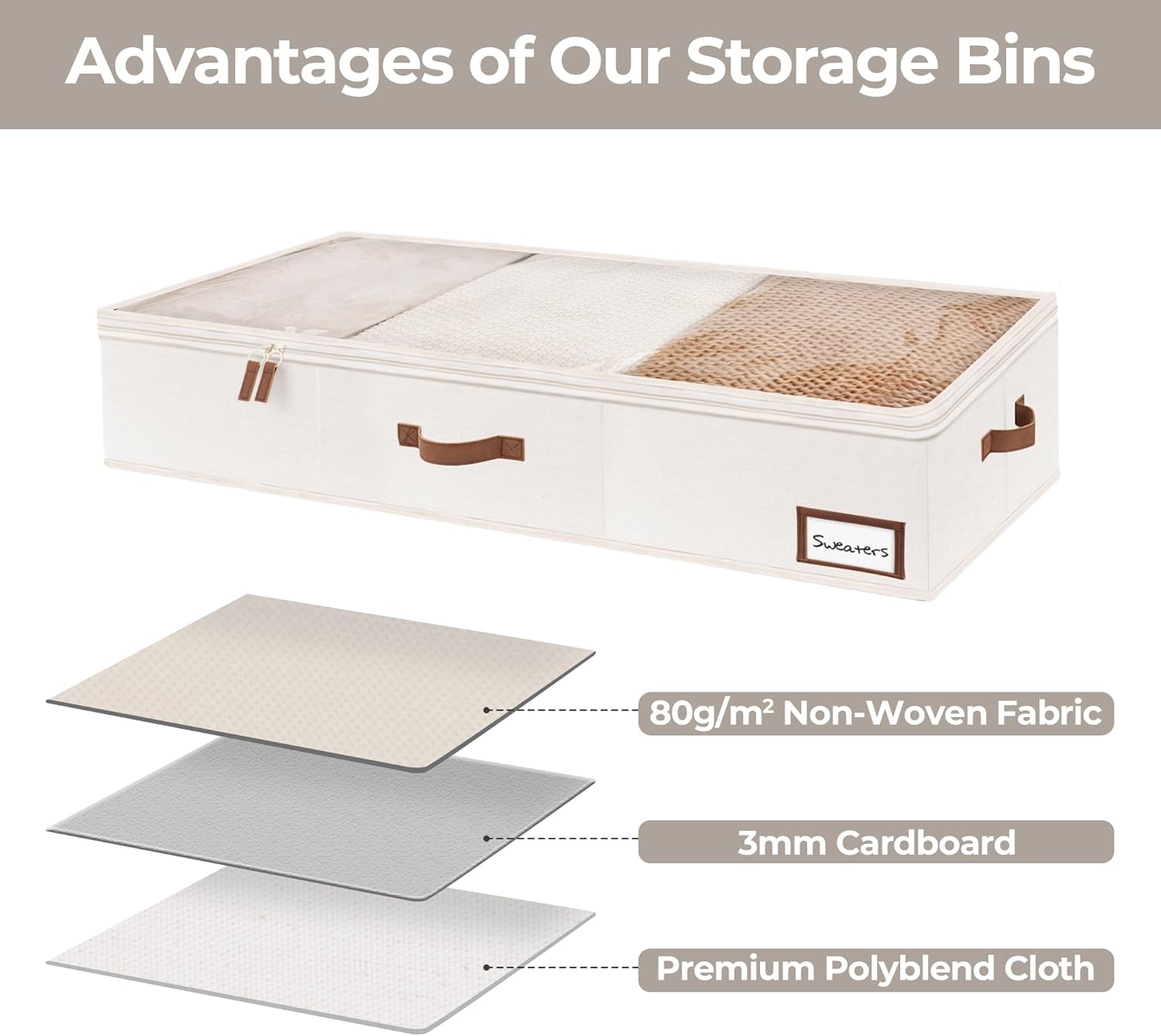 StorageWorks Large Under Bed Storage Containers with Handles and Label Holder, 2 Pack Ultra-thick Fabric Underbed Bins, Closet Organizer for Clothes, Blankets, Sweater - Image 3