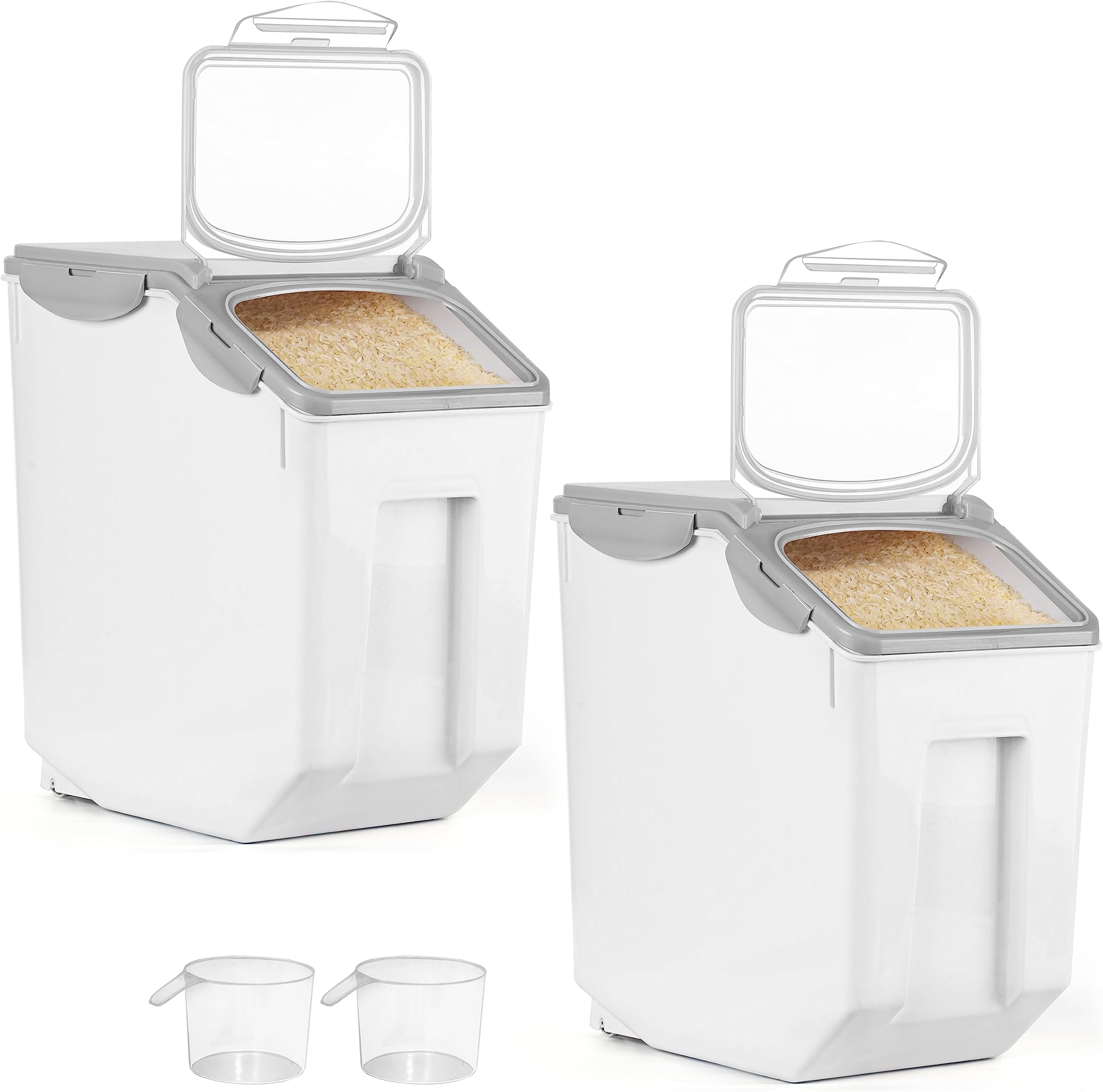 ABOUT SPACE 15-Kg Rice Dispenser (2 Pack) Airtight Rice Storage Container with Measuring Cup - Rice Barrel Dispenser -Moisture Proof Kitchen Organiser for Cereals, Pulses & Pet Food- Grey, Plastic